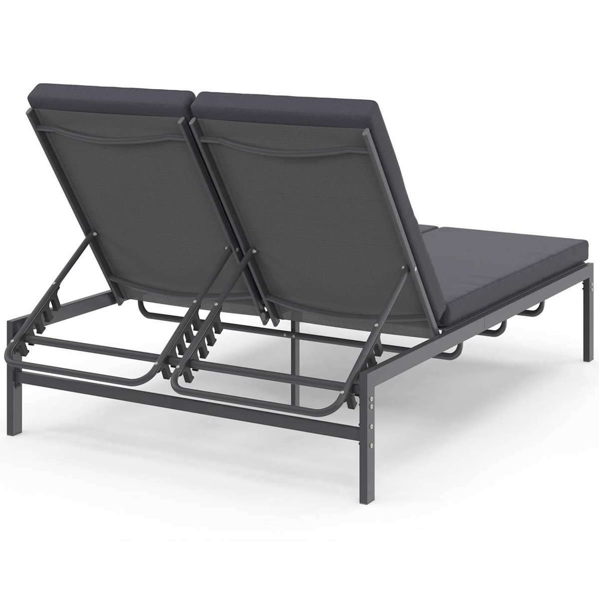 ID MARKET Lit bain de soleil double, transat de jardin inclinables double, en acier avec matelas gris anthracite
