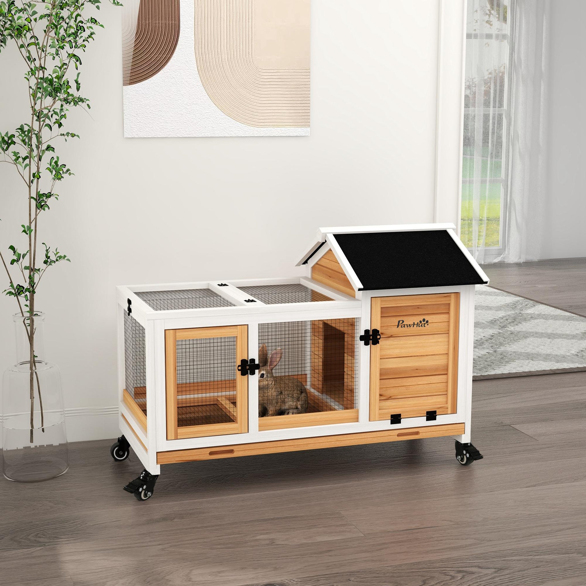 Voir la diapositive 2 : PAWHUT Clapier à lapin sur roulettes cage à lapin porte, rampe trappe verrouillables toit ouvrant niche bois sapin acier naturel blanc