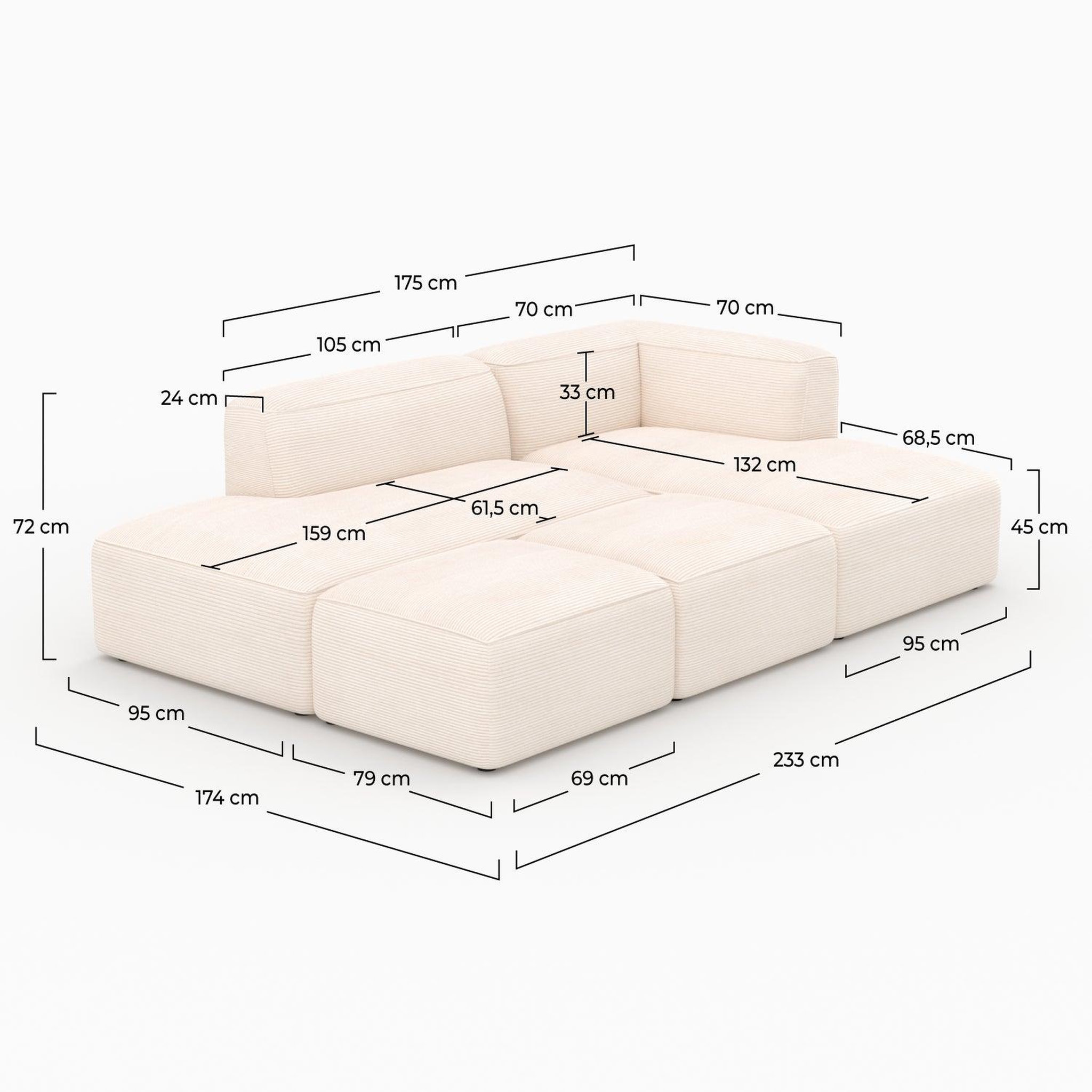 Voir la diapositive 4 : MAISON PAVANE Canapé modulable en velours côtelé blanc 4 places avec 2 poufs-mina