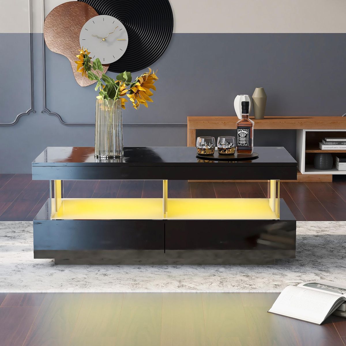 MERAX Table basse rectangulaire noir avec 2 tiroirs - 60x100 cm led panneau de particules