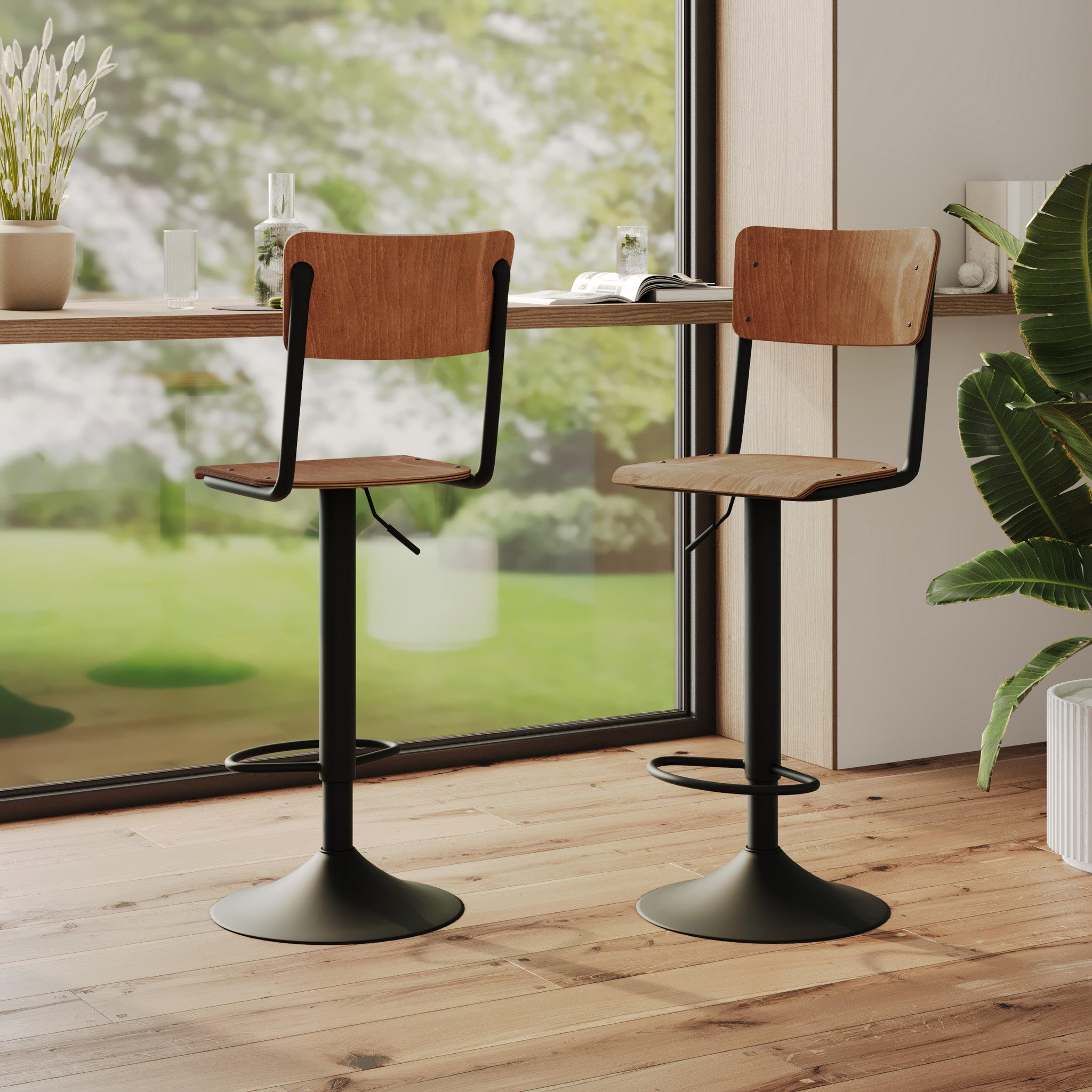Voir la diapositive 2 : MAISON PAVANE Lot de 2 chaises de bar réglables 60/80 cm en bois foncé-clem