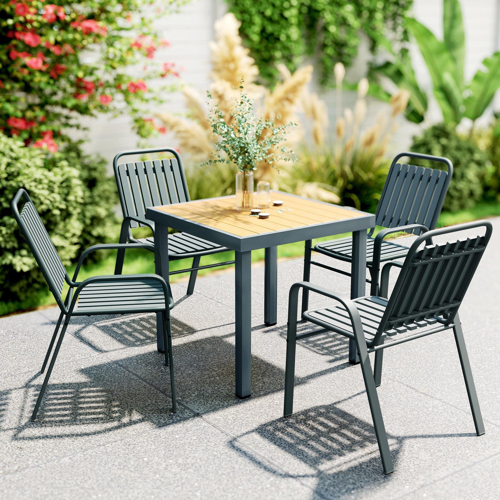 Voir la diapositive 2 : OUTSUNNY Lot de 4 chaises de jardin empilables design néo-rétro avec hauts dossiers accoudoirs acier époxy gris