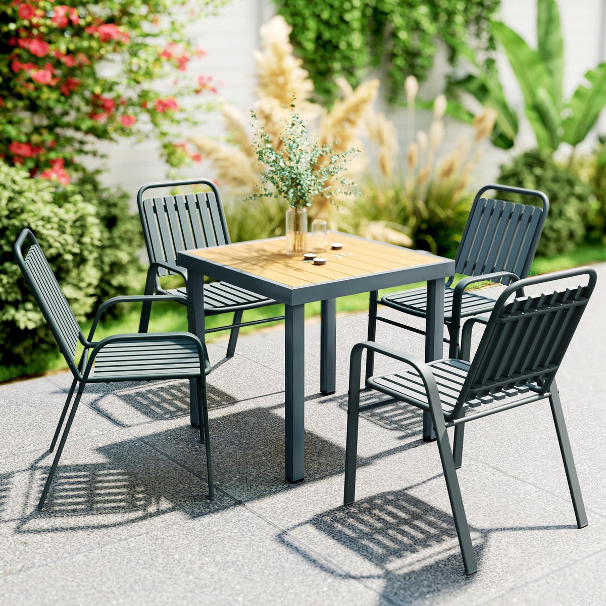 OUTSUNNY Lot de 4 chaises de jardin empilables design néo-rétro avec hauts dossiers accoudoirs acier époxy gris