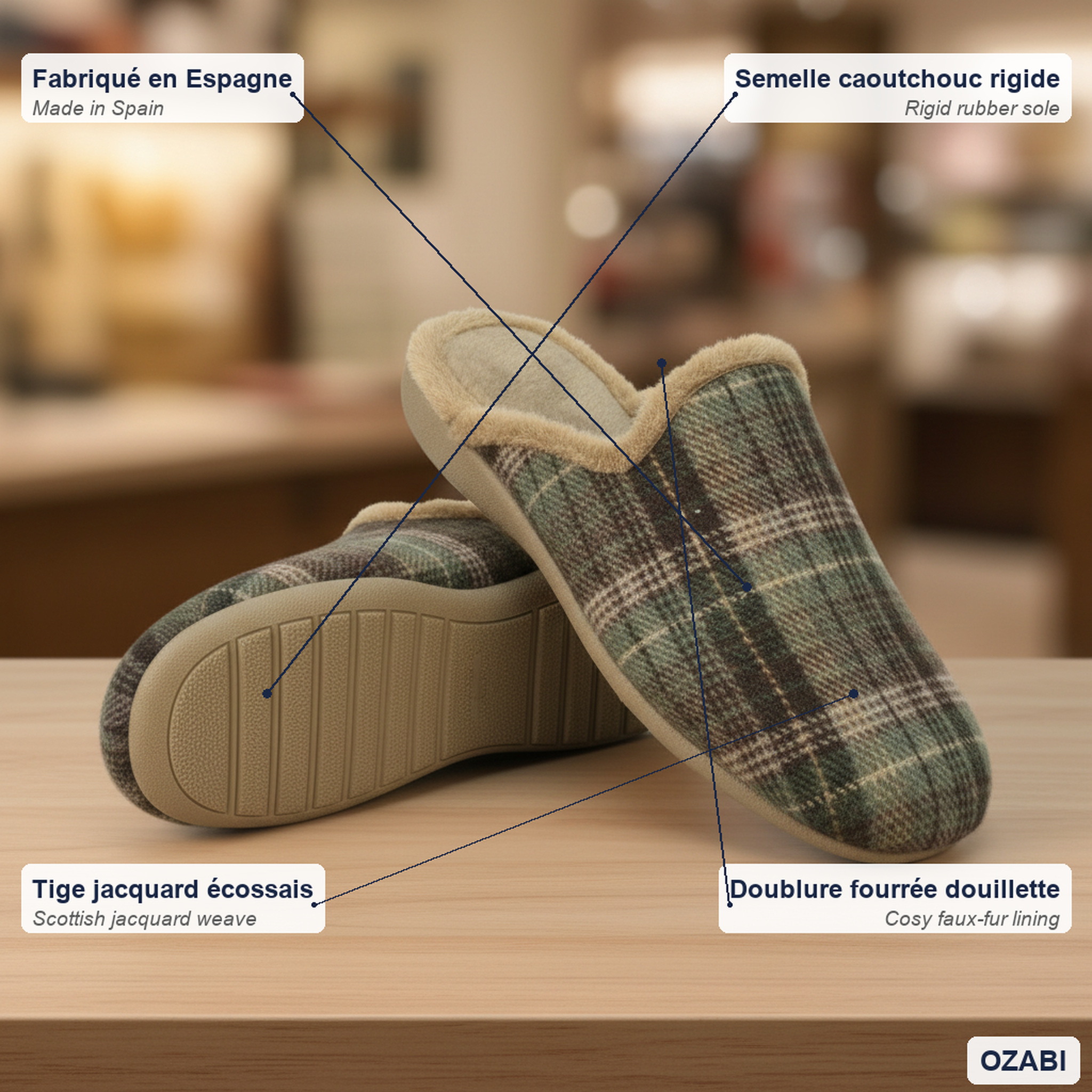 Voir la diapositive 4 : OZABI Ozabi pantoufles mules homme fabriquées en espagne, tige jacquard écossais