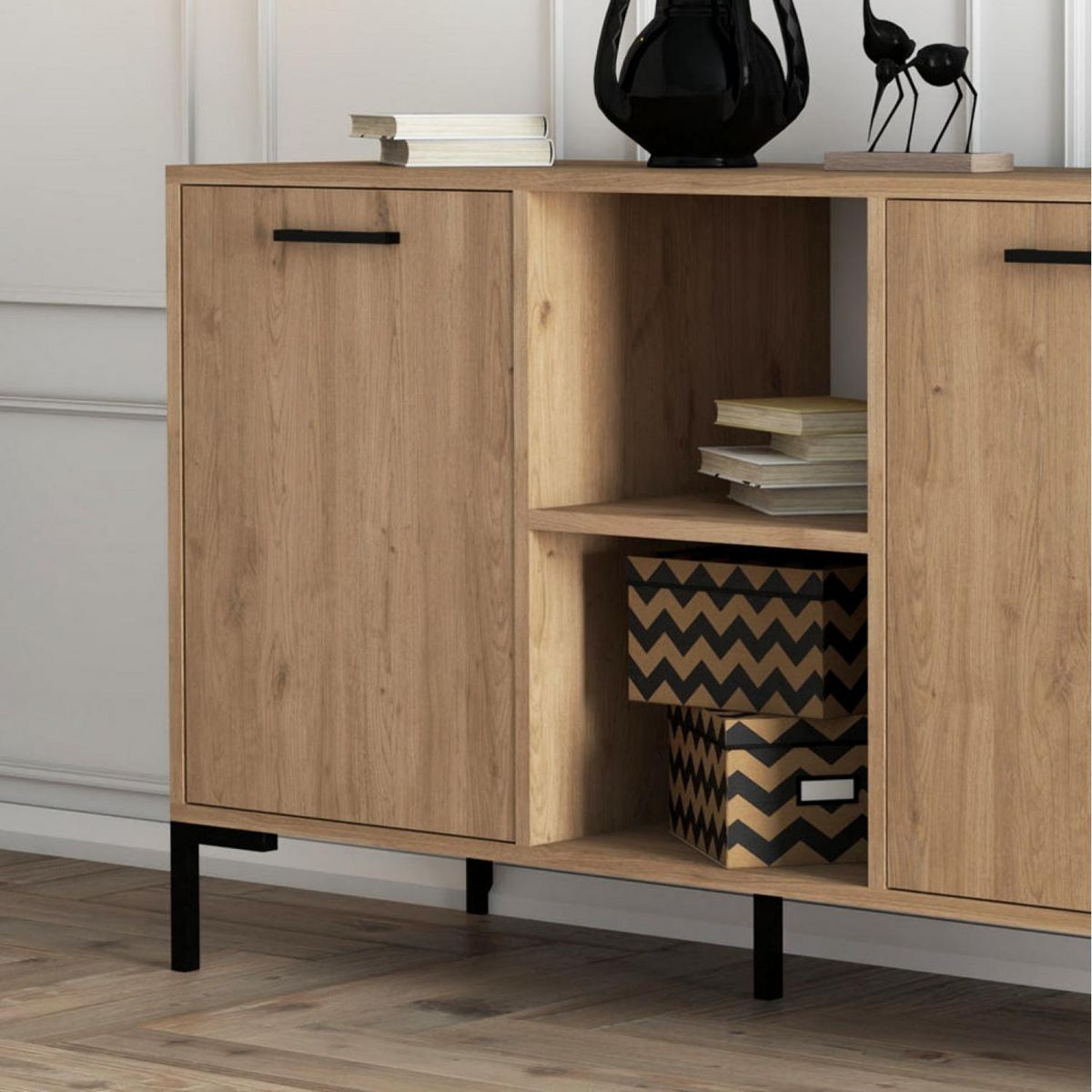 CONCEPT USINE Buffet 3 portes et 2 niches finition bois et métal noir 180x80cm AURA