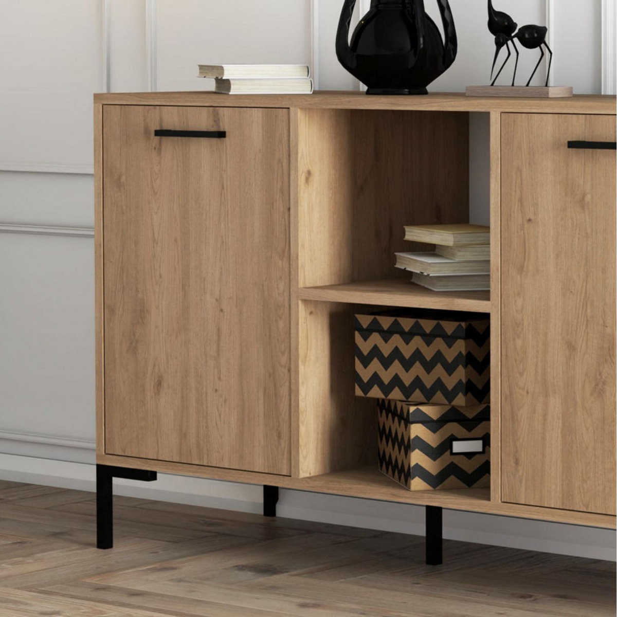 CONCEPT USINE Buffet 3 portes et 2 niches finition bois et métal noir 180x80cm AURA