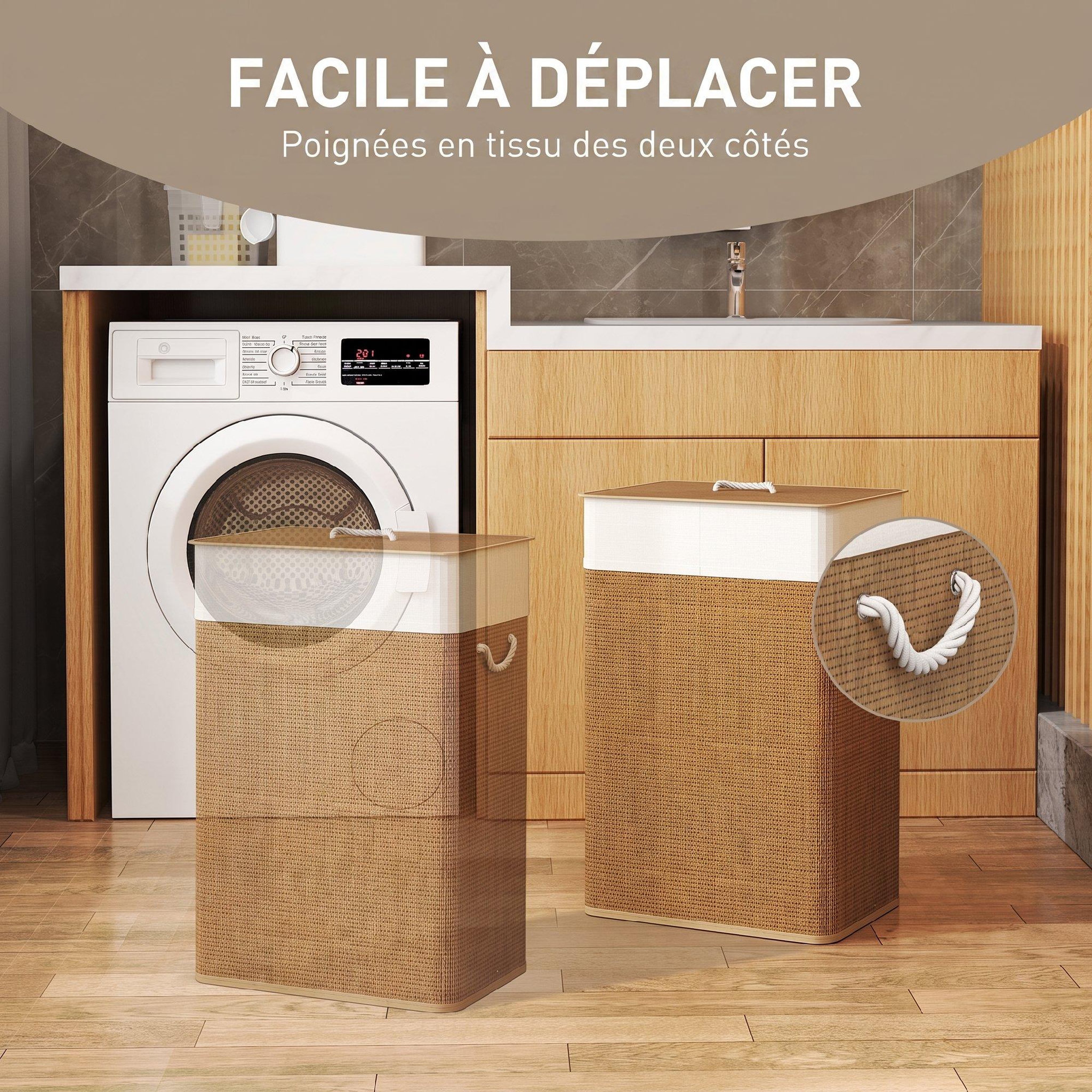 Voir la diapositive 5 : HOMCOM Panier à linge rectangulaire bambou 72l déhoussable lavable marron