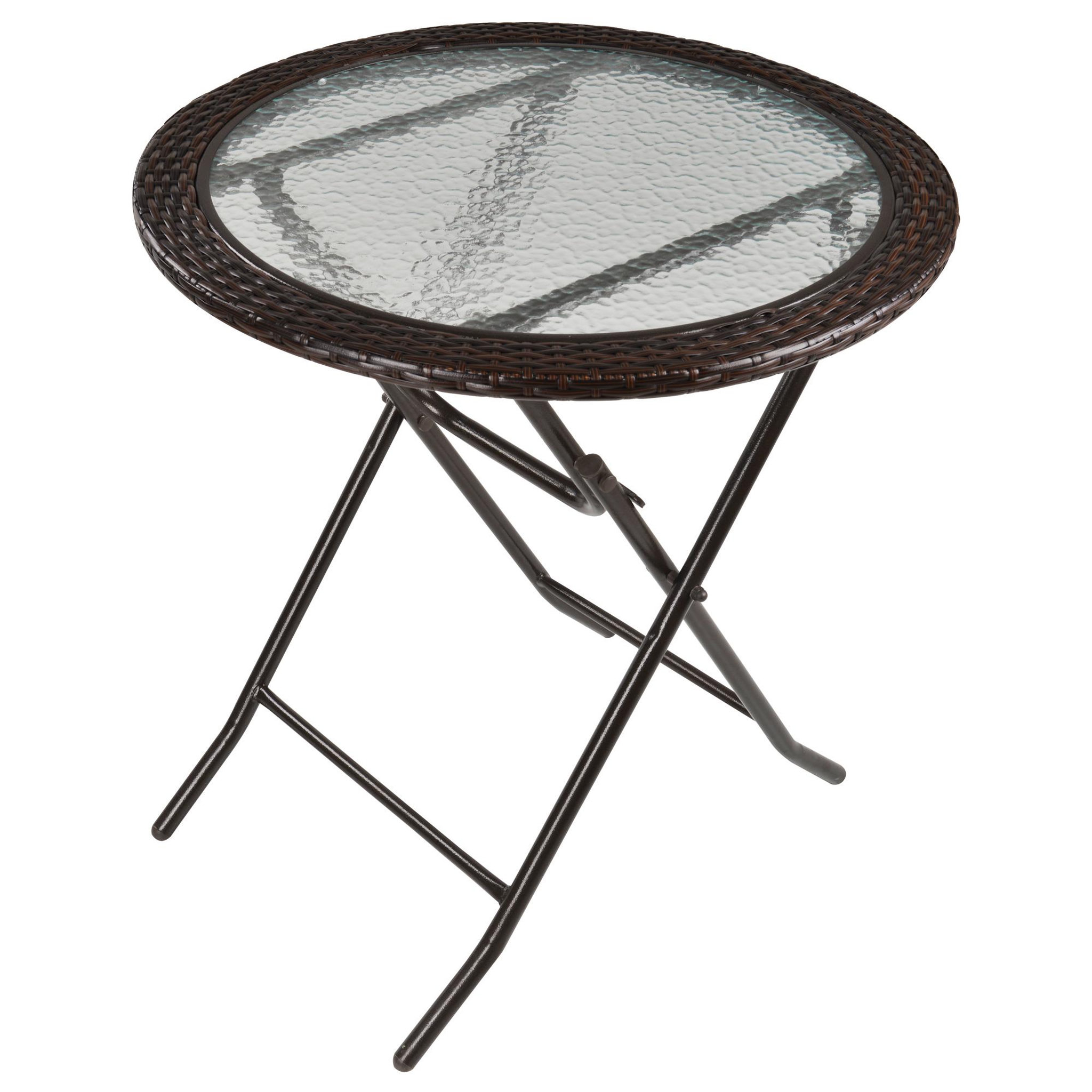 Voir la diapositive 1 : OUTSUNNY Table ronde bistro de jardin pliable dim. Ø 68 x 73H cm métal époxy résine tressée chocolat plateau verre trempé