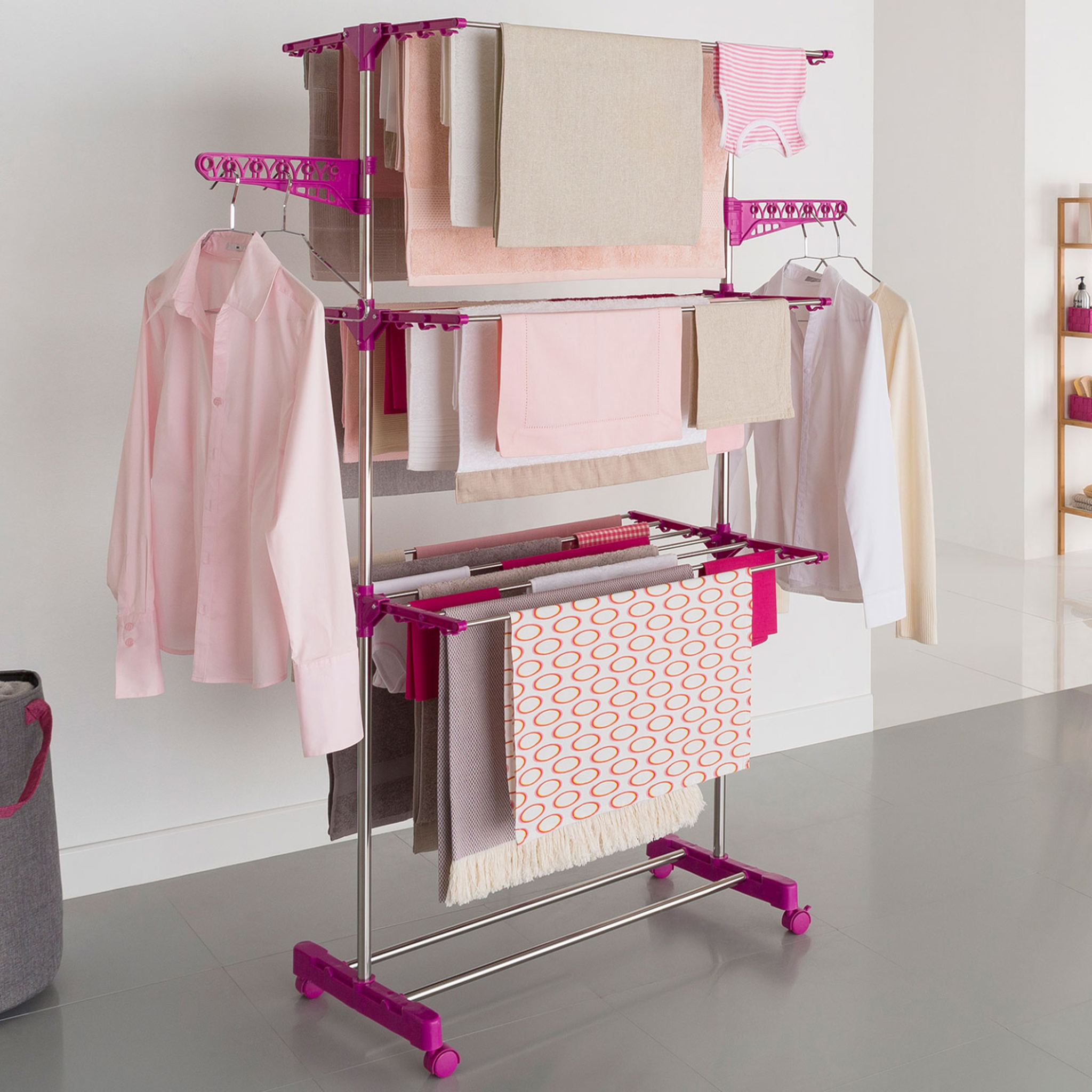 Voir la diapositive 2 : ID MARKET Séchoir à linge vertical pliable 3 niveaux maxima capacité 20m inox et rose