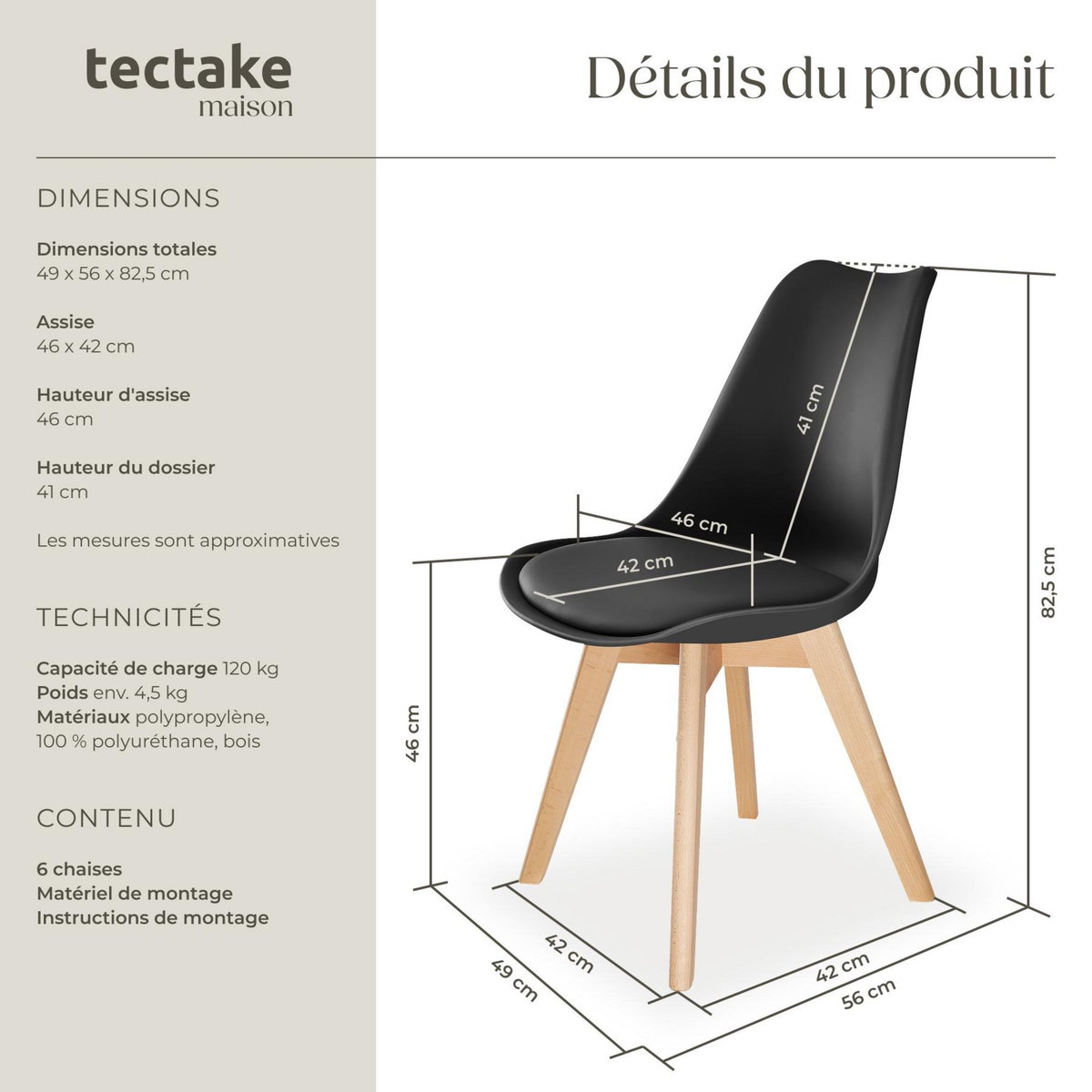 tectake Ensemble de chaises de salle à manger noir Lot de 6