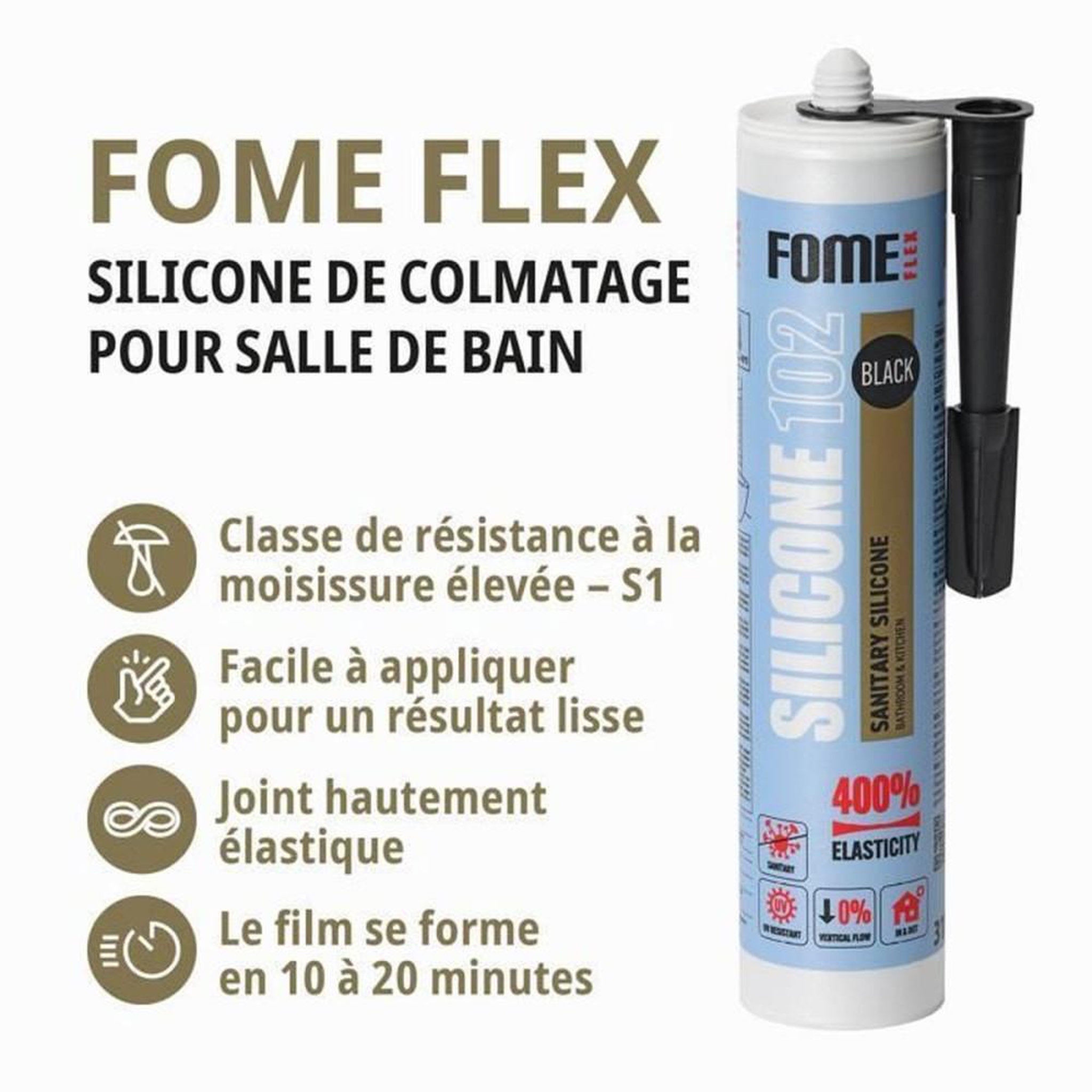 Voir la diapositive 2 : Mastic silicone sanitaire acétique noir anti-moisissure FOME FLEX 102, étanchéité pour salles de bains, cuisines, lavabos et douches, 300 mL