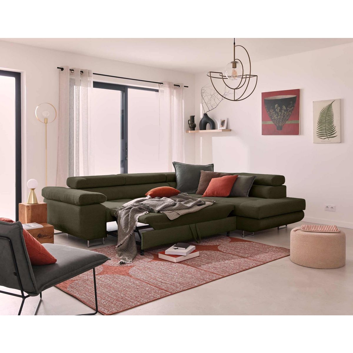 BEST MOBILIER Zaria - canapé d'angle droit - convertible avec coffre et têtières réglables - 5 places - en velours côtelé