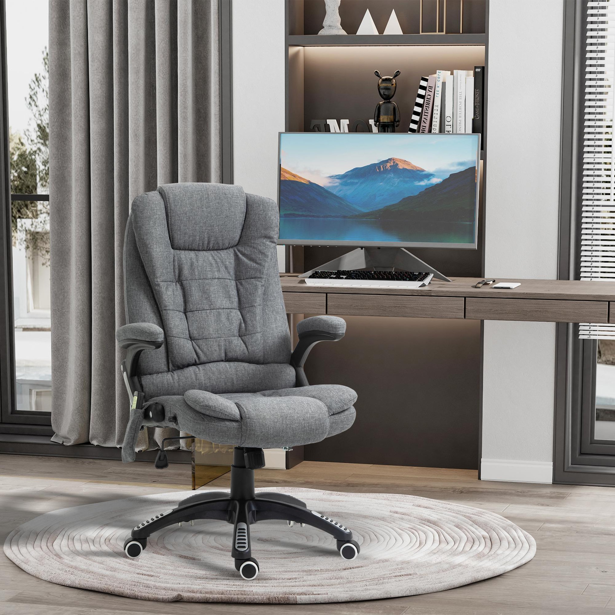 Voir la diapositive 2 : HOMCOM Fauteuil de bureau direction massant chauffant hauteur réglable dossier inclinable toile de lin gris chiné