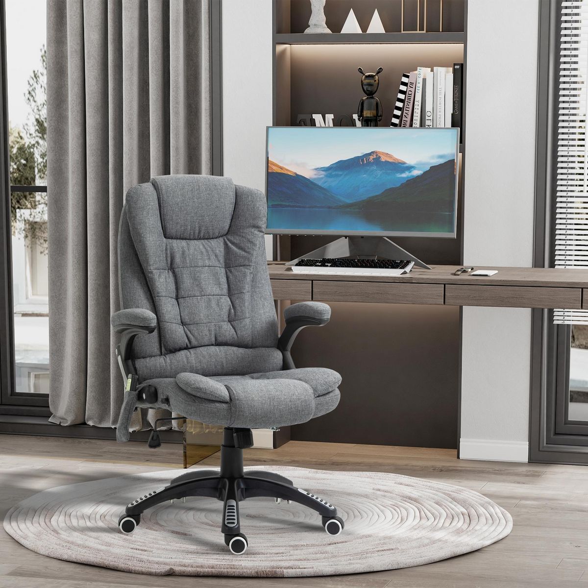 HOMCOM Fauteuil de bureau direction massant chauffant hauteur réglable dossier inclinable toile de lin gris chiné