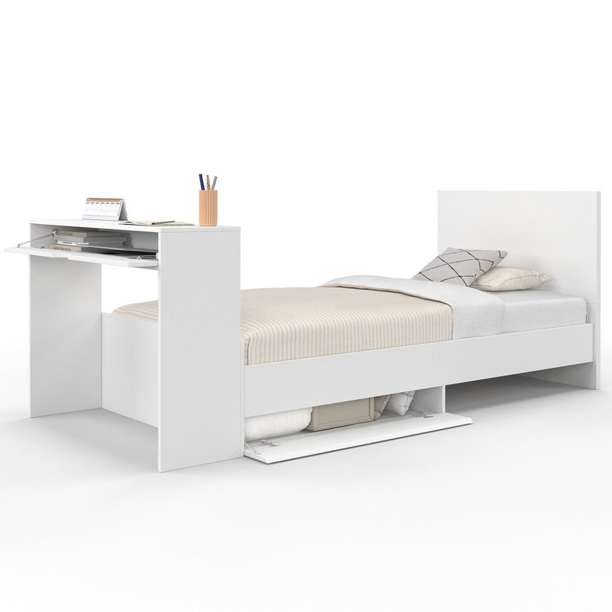 ID MARKET Lit simple OMAHA 90 x 190 cm avec sommier, tête de lit, bureau et rangements blanc