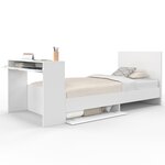 ID MARKET Lit simple OMAHA 90 x 190 cm avec sommier, tête de lit, bureau et rangements blanc