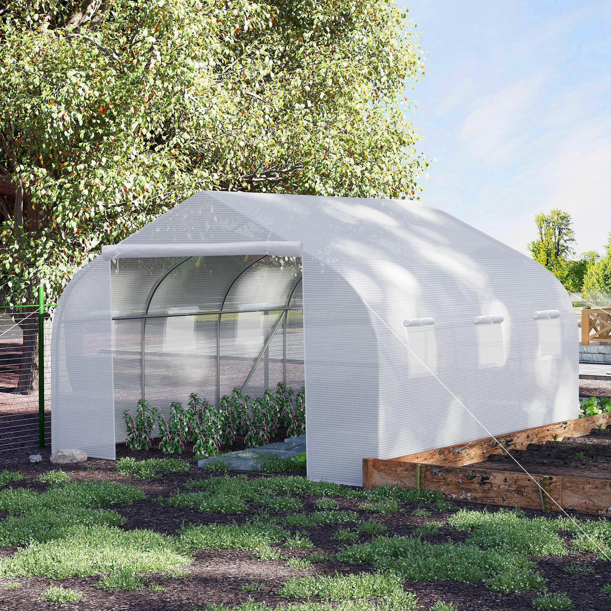 Voir la diapositive 2 : OUTSUNNY Serre tunnel de jardin dim. 4,45l x 2,99l x 2h m porte + 6 fenêtres enroulables acier galvanisé bâche pe haute densité blanc