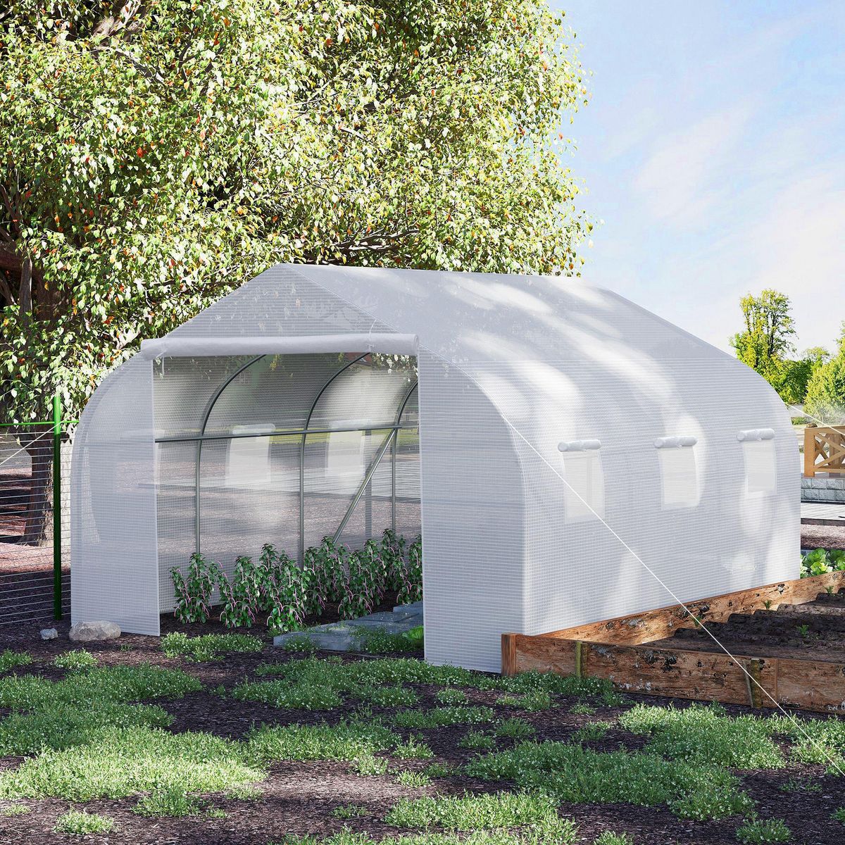 OUTSUNNY Serre tunnel de jardin dim. 4,45L x 2,99l x 2H m porte + 6 fenêtres enroulables acier galvanisé bâche PE haute densité blanc
