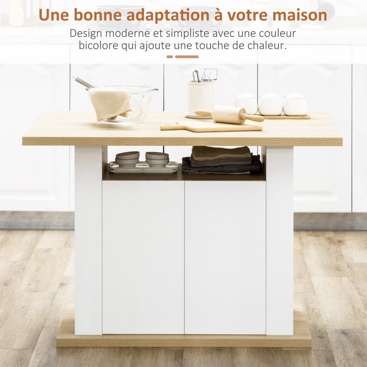 HOMCOM Table à manger ilot central cuisine 4-6 personnes blanc naturel