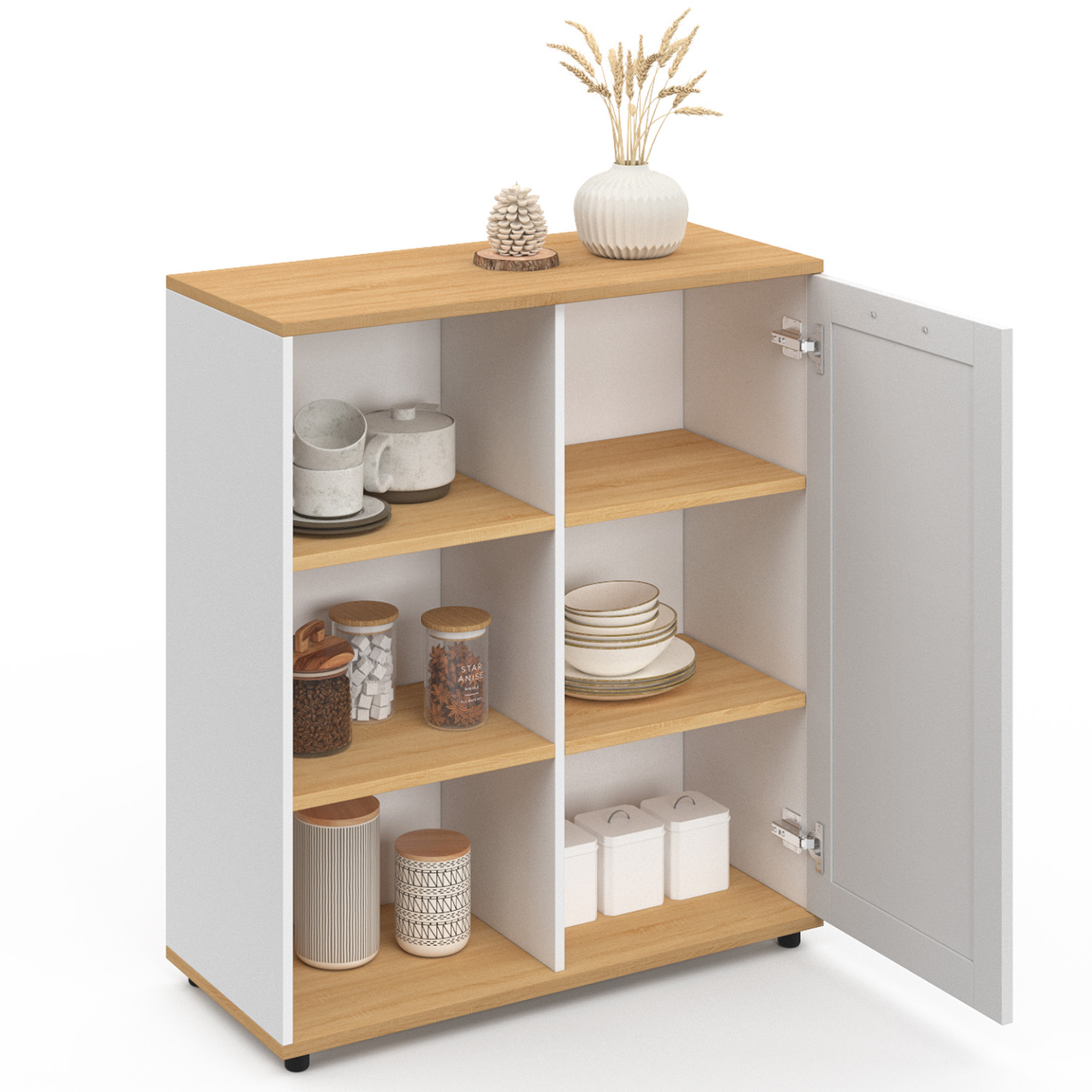Voir la diapositive 4 : ID MARKET Buffet d'appoint 70 cm vito 3 étagères et placard blanc et plateau bois