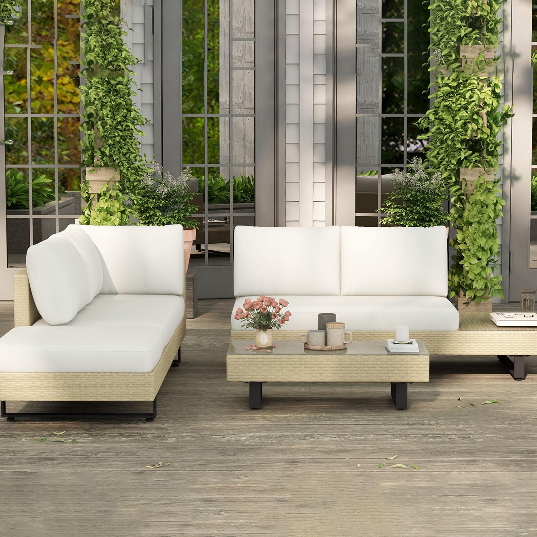 Voir la diapositive 2 : OUTSUNNY Ensemble salon de jardin d'angle 5 places design contemporain coussins déhoussables table basse acier époxy résine tressée beige