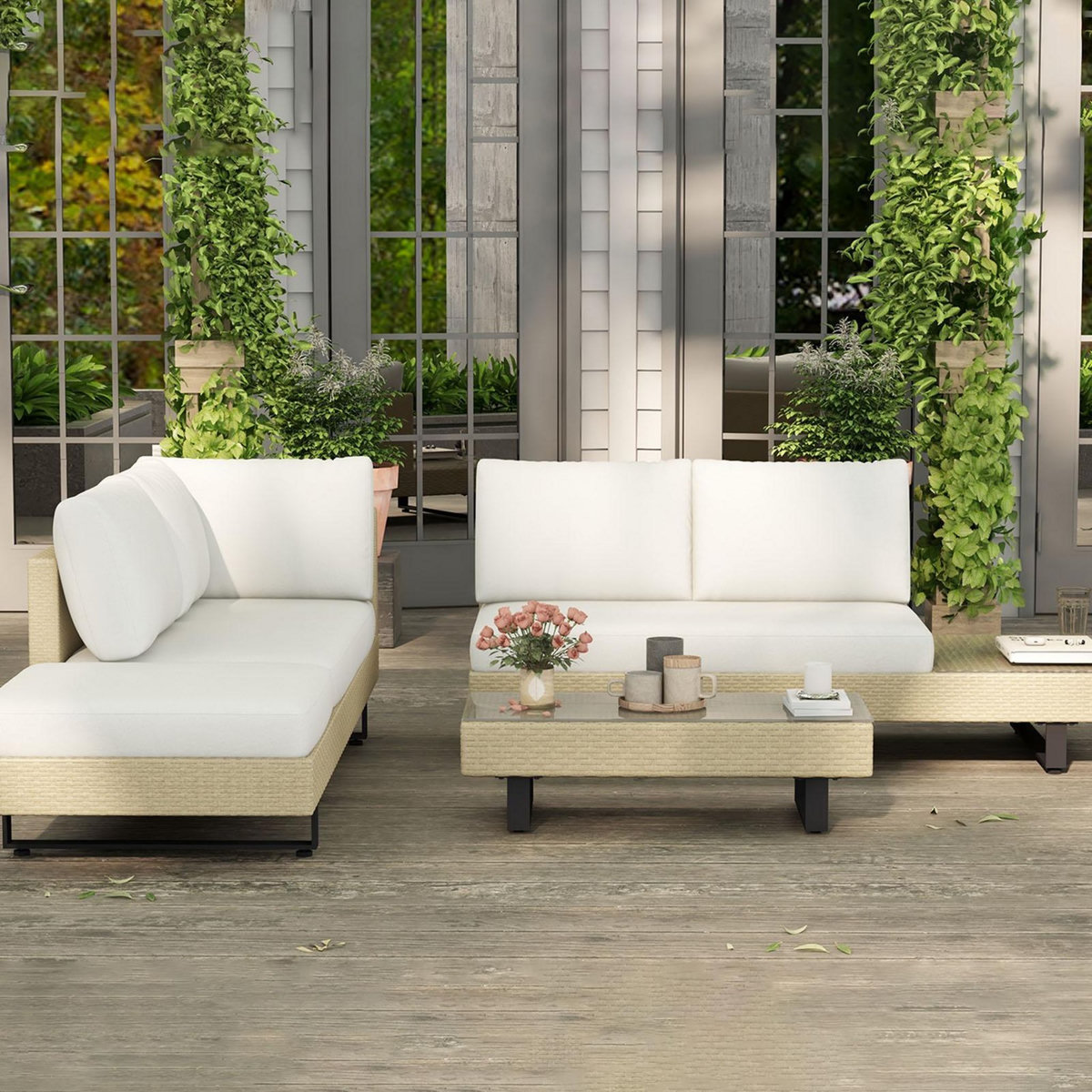 OUTSUNNY Ensemble salon de jardin d'angle 5 places design contemporain coussins déhoussables table basse acier époxy résine tressée beige
