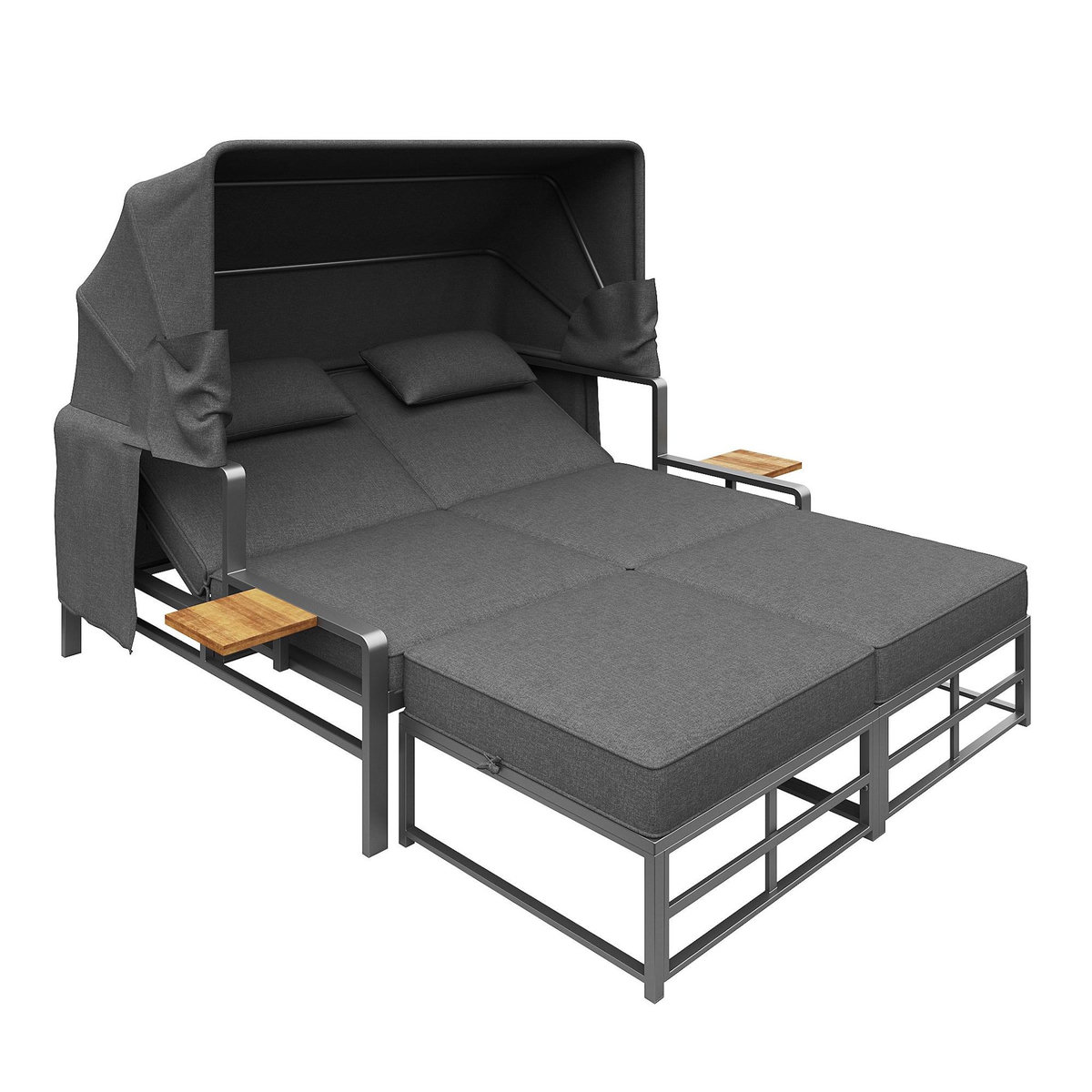 MERAX Bain de soleil 2 places en Métal avec auvent pliable, table incluse, coussins, gris