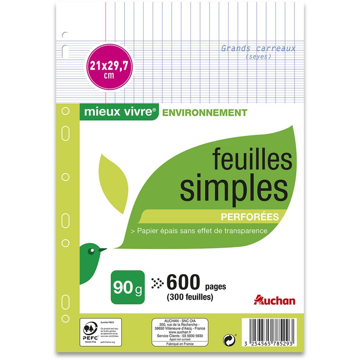 AUCHAN Feuilles simples 600 pages 21x29,7cm grands carreaux Seyes perforées