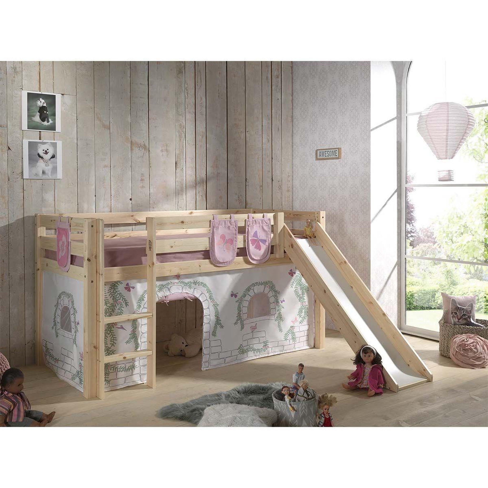 Voir la diapositive 2 : Paris Prix Pack - lit enfant toboggan, tente & 3 pochettes  pino birdy  naturel