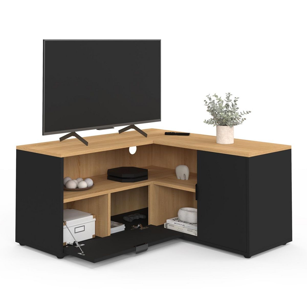 ID MARKET Meuble TV 90 x 90 cm d'angle BALTAZAR façon hêtre et noir