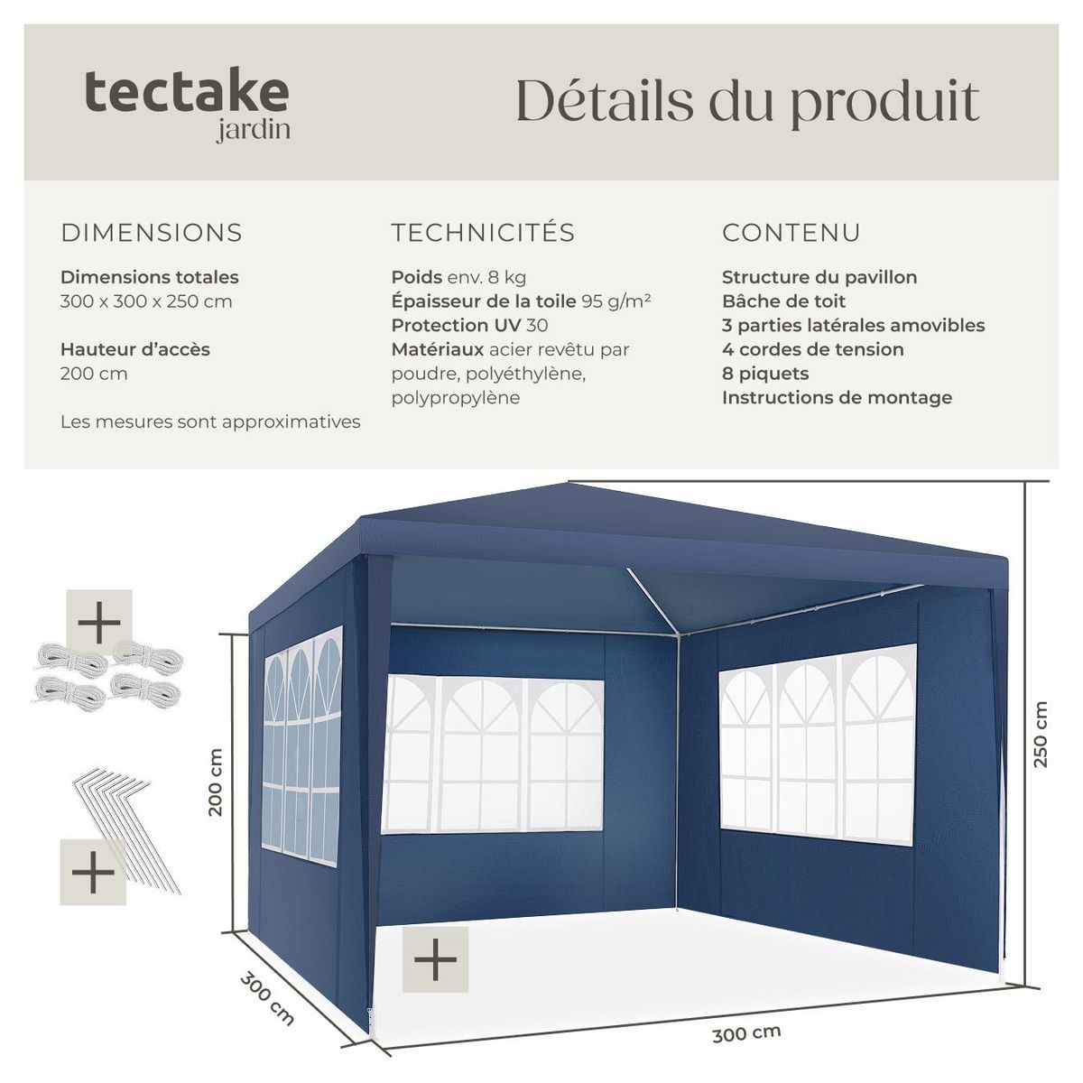 tectake Pavillon 3 x 3 m avec système d'emboîtement bleu