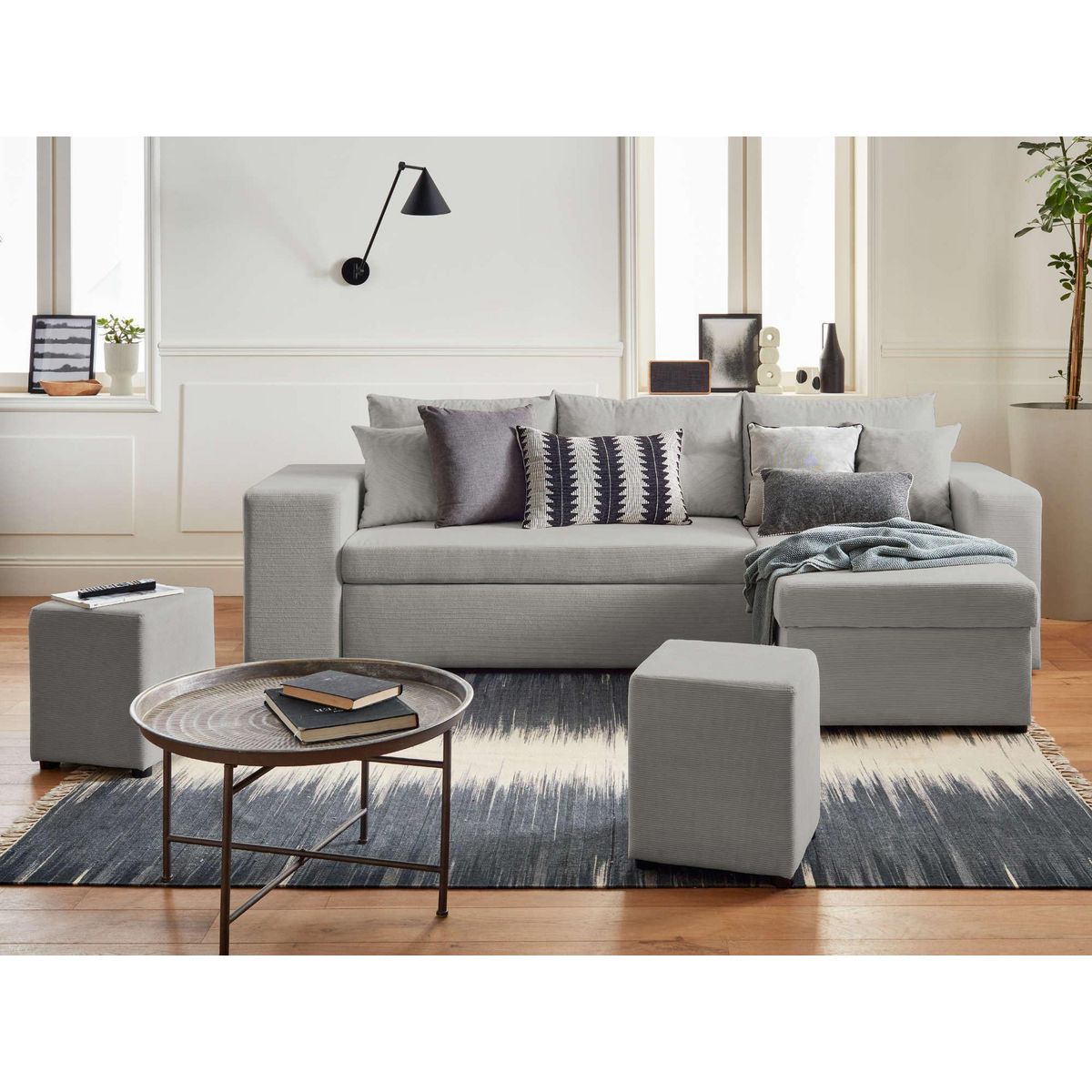 BEST MOBILIER California - canapé d'angle réversible convertible - avec coffre, tablette et poufs - en velours côtelé - 4 places