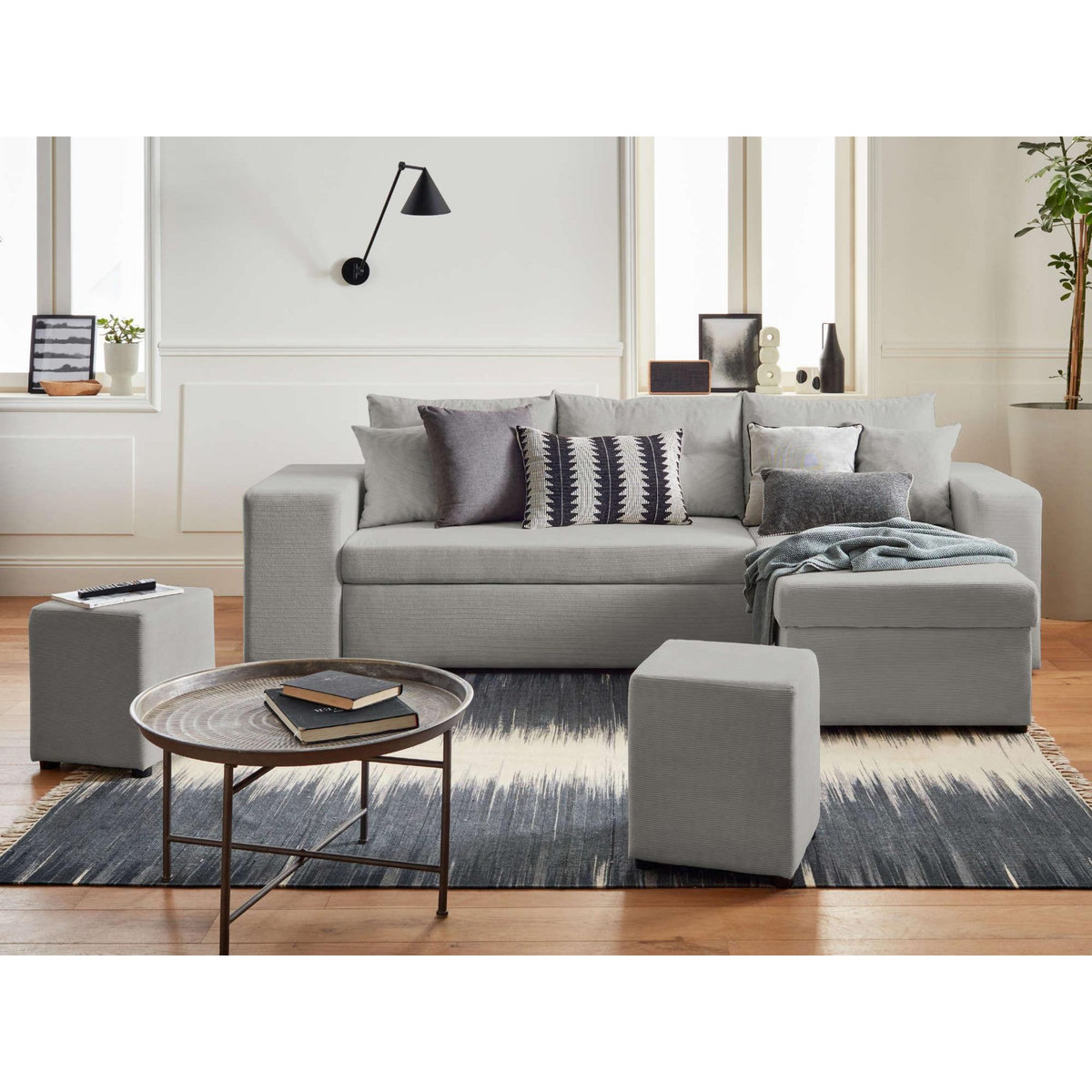 BEST MOBILIER California - canapé d'angle réversible convertible - avec coffre, tablette et poufs - en velours côtelé - 4 places