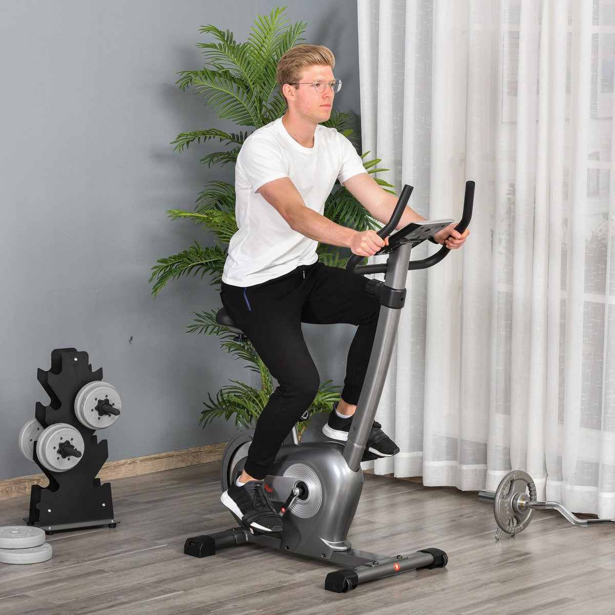 HOMCOM Vélo d'appartement volant d'inertie 8 Kg résistance magnétique 10 niveaux écran LCD multifonction capteur fréquence cardiaque selle réglable acier gris