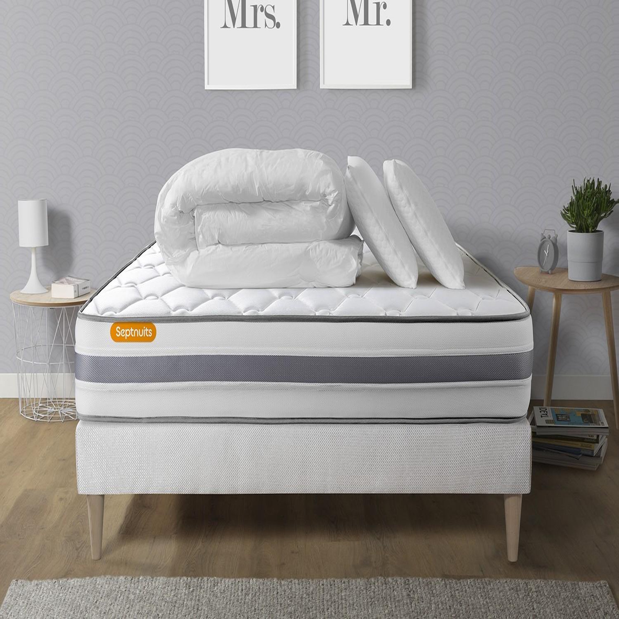 SEPTNUITS Pack matelas + sommier kit blanc Memo Spring Ressorts ensachés MAXI épaisseur + Couette + 2 oreillers. Coloris disponibles : Blanc