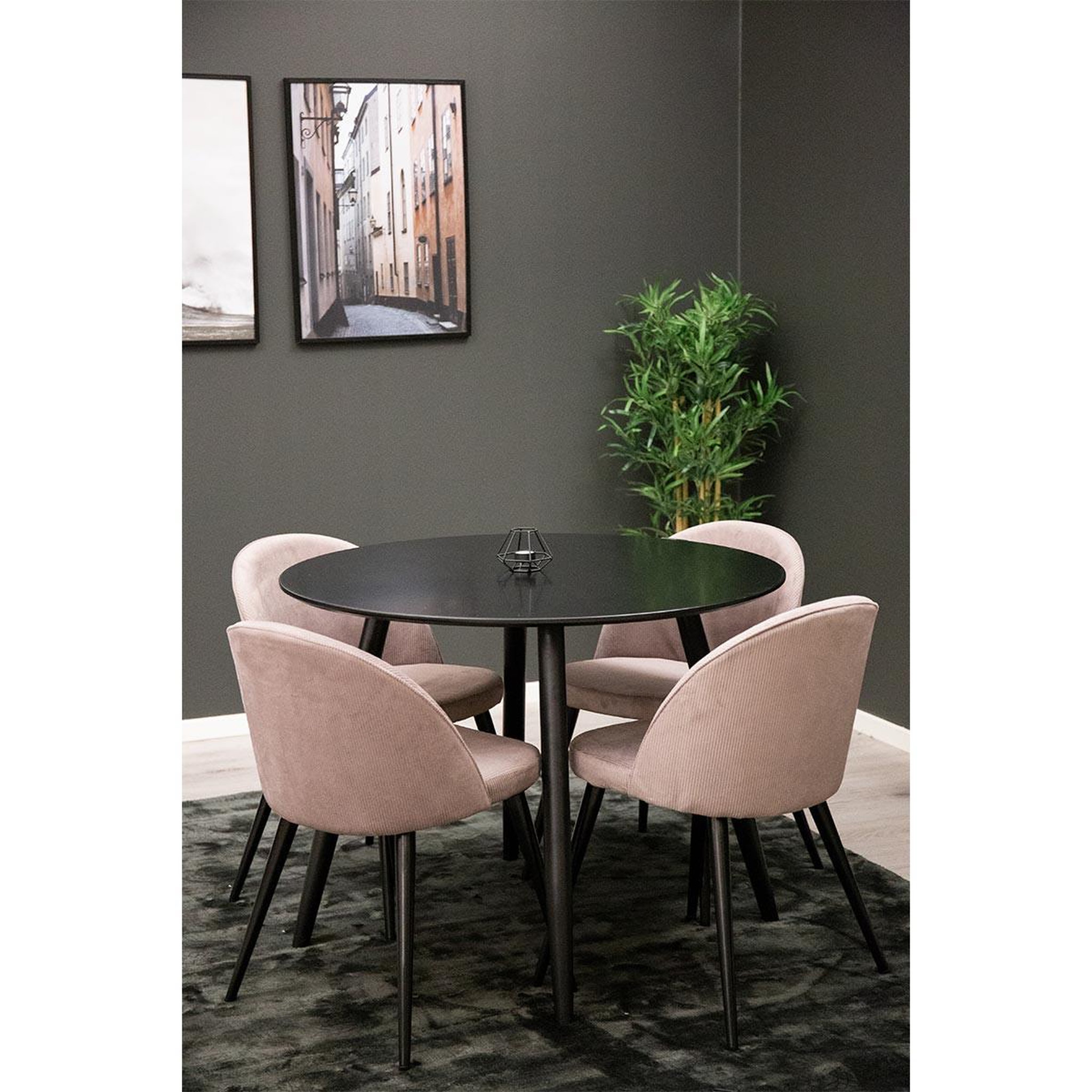 Voir la diapositive 3 : Paris Prix Ensemble table de repas & 4 chaises côtelées  plaza & velvet  100cm noir & rose poudré