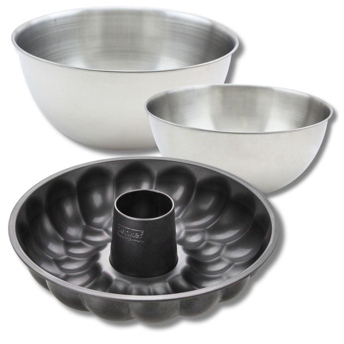 ZENKER Lot avec 1 moule à pain cheminée, 1 spatule Zenker et 2 bols à mixer en inox Fackelmann