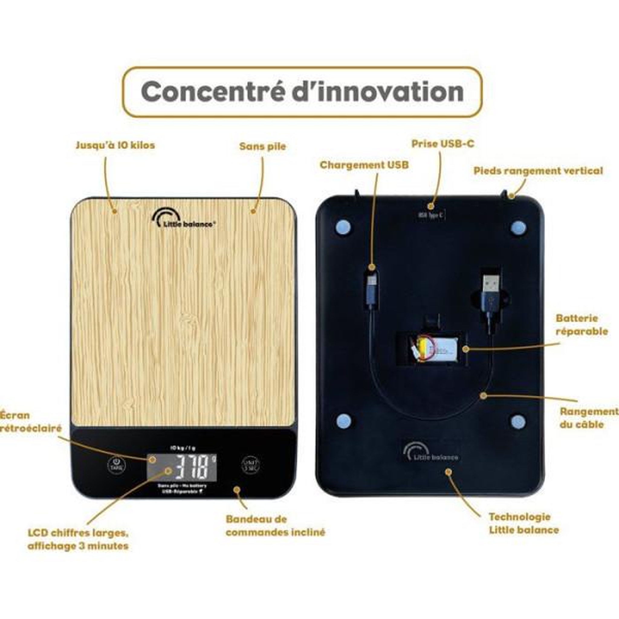 Voir la diapositive 5 : LITTLE BALANCE Balance de Cuisine Electronique de Precision  - LITTLE BALANCE - 8712 - Happy Genius 10 - USB - Sans pile - Bois naturel