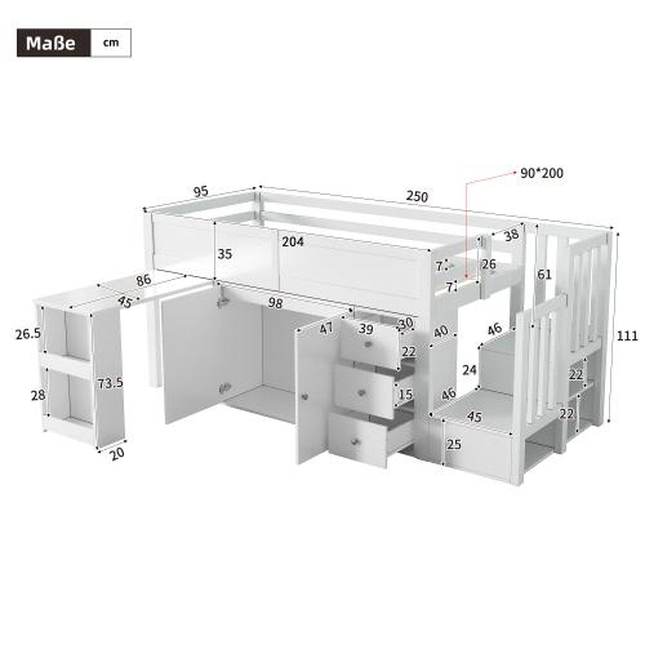 Voir la diapositive 3 : MERAX Lit combiné enfant 90x200 cm coloris blanc mdf