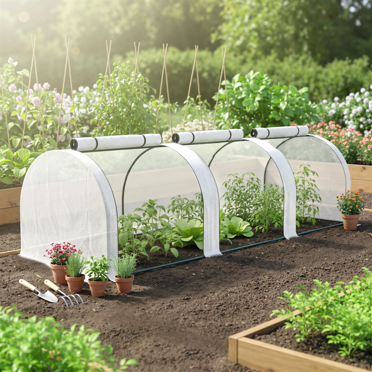 OUTSUNNY Mini serre de jardin serre à tomates 2,95L x 1l x 0,8H m acier PE haute densité 140 g/m² anti-UV 3 fenêtres zip enroulables blanc
