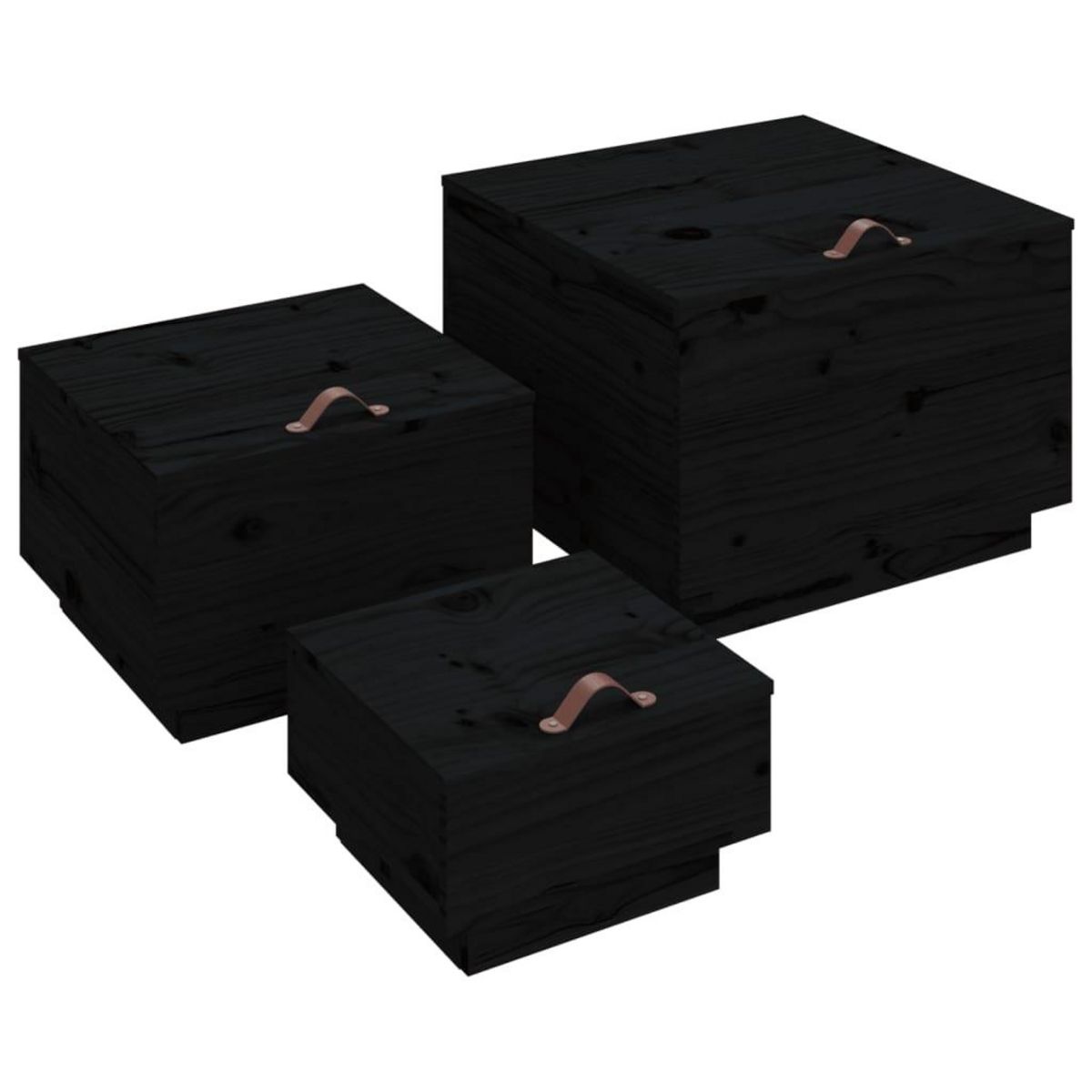 VIDAXL Boîtes de rangement et couvercles 3 pcs Noir Bois massif de pin
