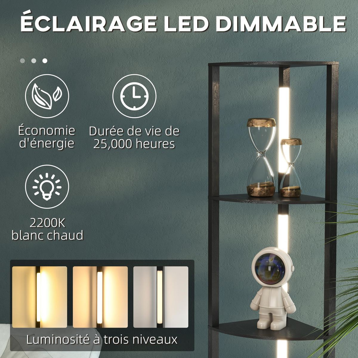HOMCOM Lampadaire étagère LED d'angle réglable - lampe étagère 4 niveaux design dim.41x29x163cm - MDF noir