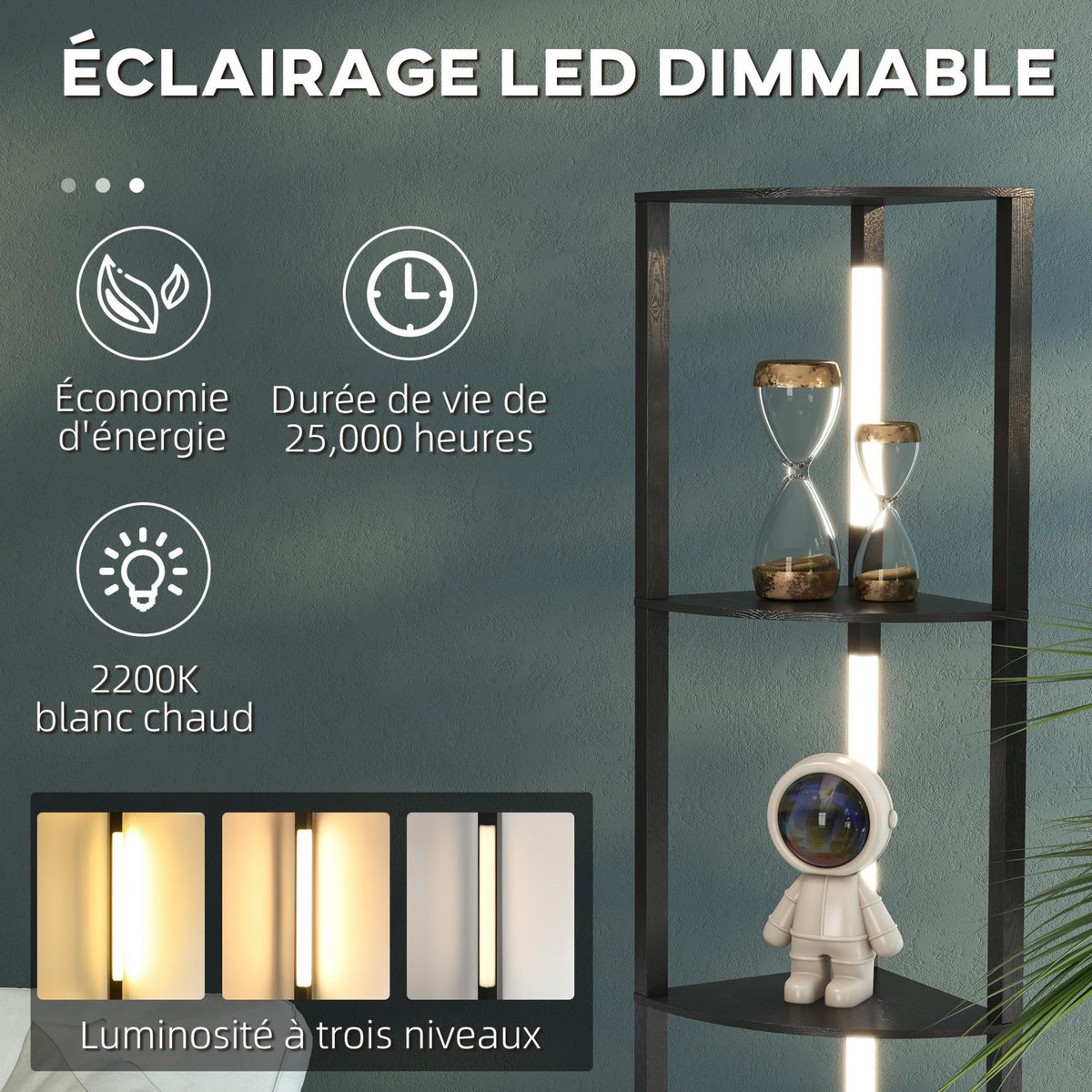 HOMCOM Lampadaire étagère LED d'angle réglable - lampe étagère 4 niveaux design dim.41x29x163cm - MDF noir