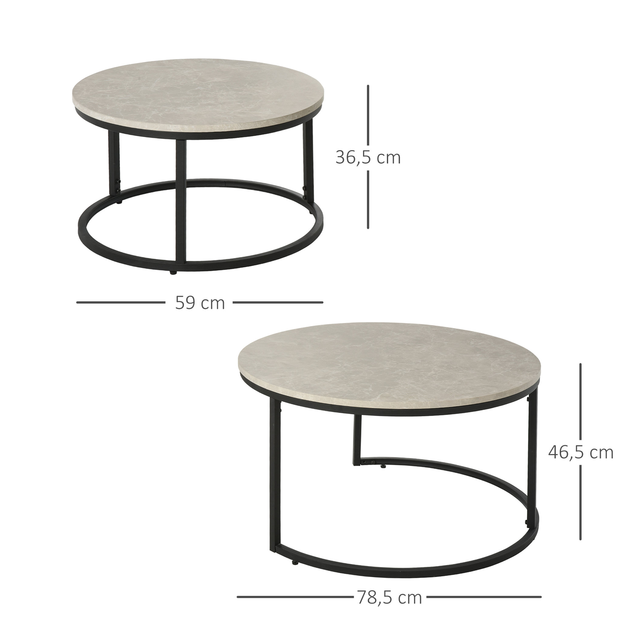 Voir la diapositive 3 : HOMCOM Lot de 2 tables basses rondes gigogne empilables plateau MDF gris et pieds en métal noir