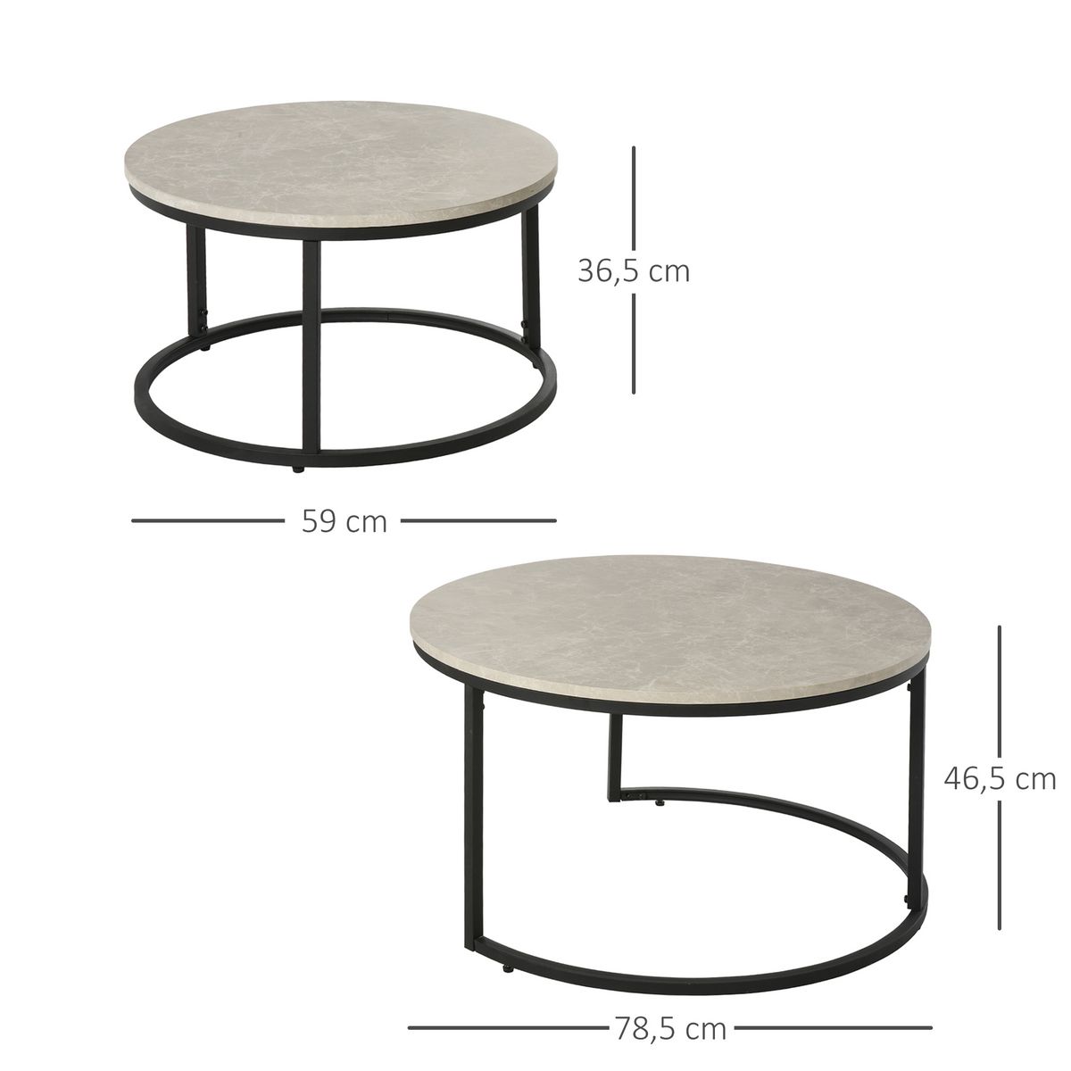 HOMCOM Lot de 2 tables basses rondes gigogne empilables plateau MDF gris et pieds en métal noir