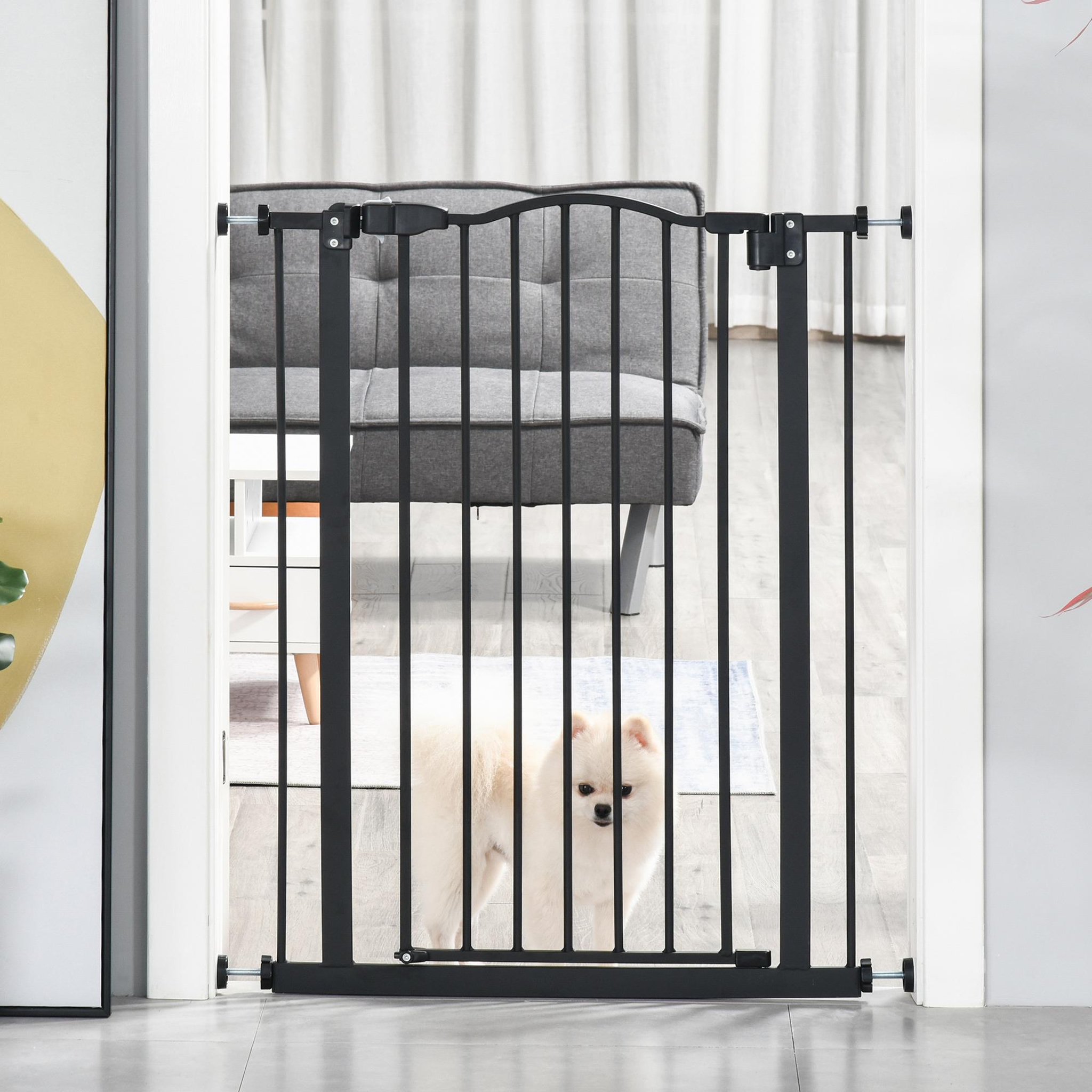 Voir la diapositive 2 : PAWHUT Barrière de sécurité pour chien extensible 74-80 cm -h. 94 cm - sans perçage, double verrouillage - métal noir