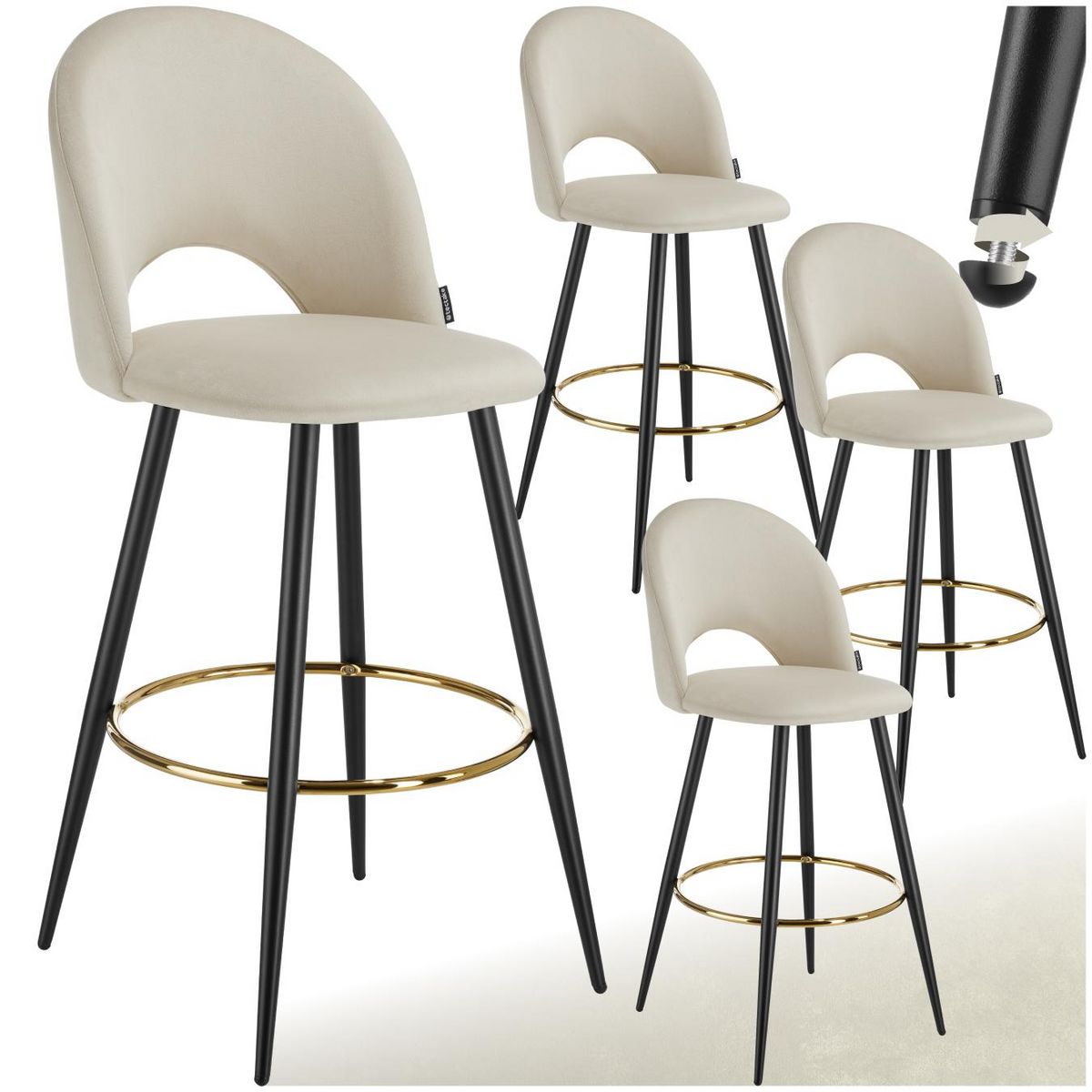 tectake Chaise de bar en velours rembourré crème/noir Ensemble de 4 pièces