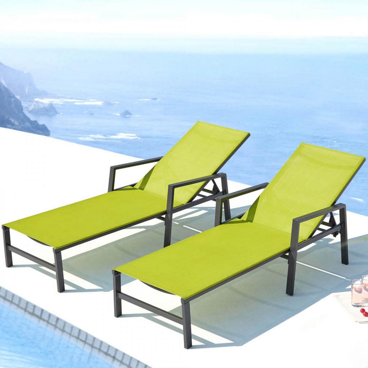 CONCEPT USINE Lot de 2 transats en aluminium gris foncé et vert BARI