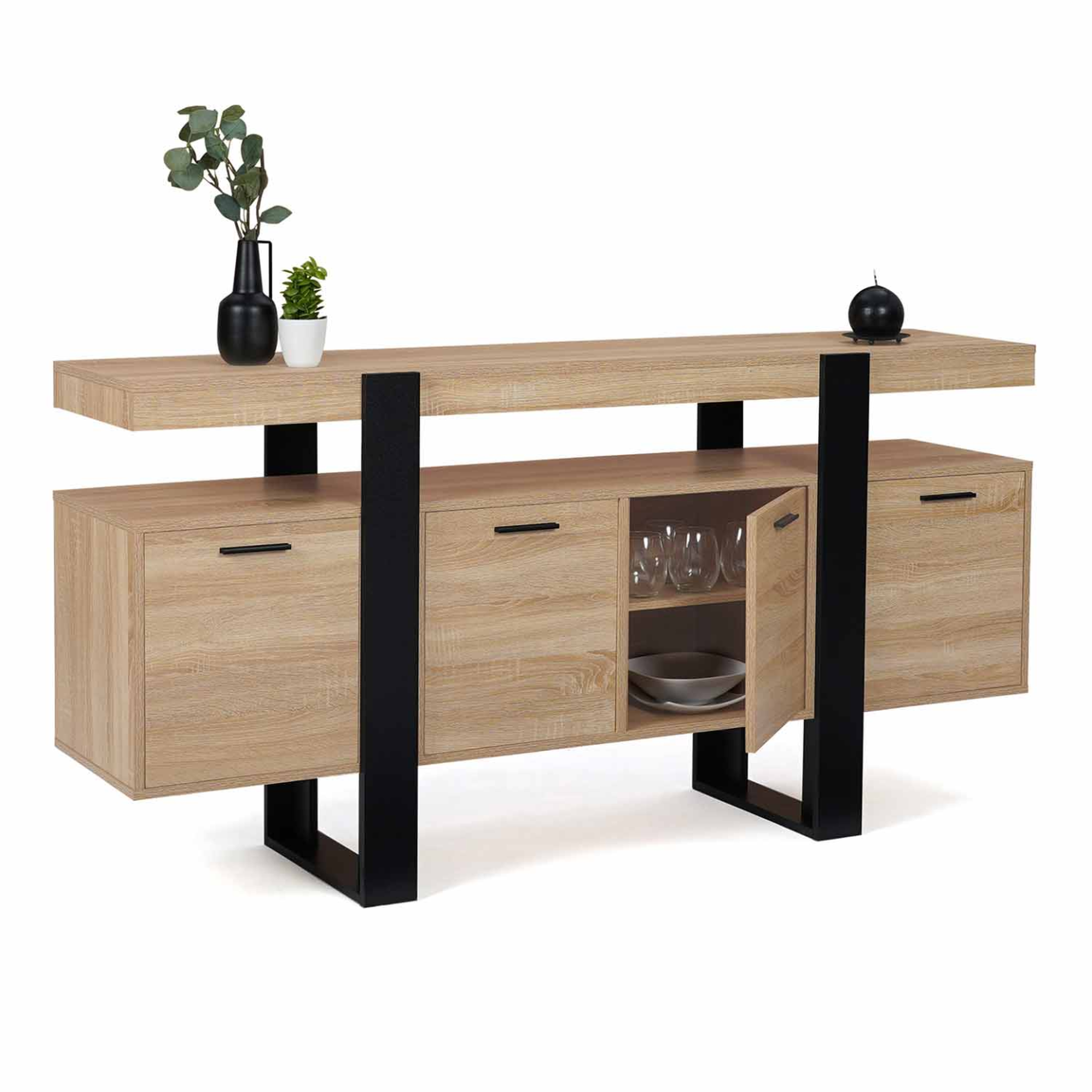 Voir la diapositive 4 : ID MARKET Buffet 160 cm phoenix xxl 4 portes bois et noir