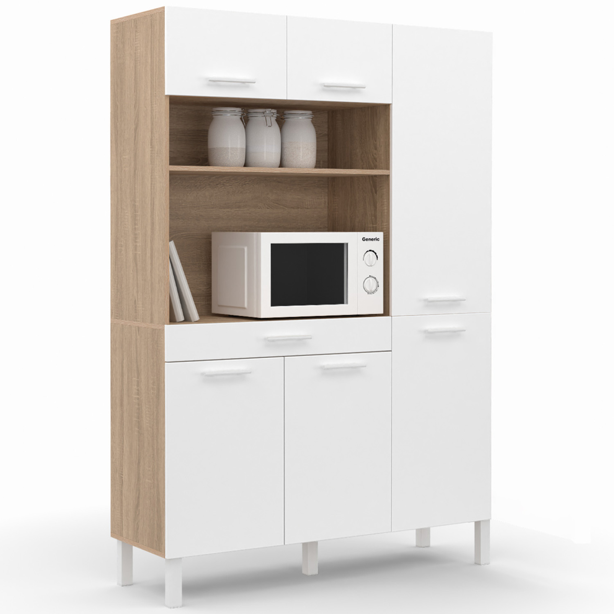 ID MARKET Buffet de cuisine avec colonne de rangement 120 cm cina 6 portes + tiroir façon hêtre et blanc